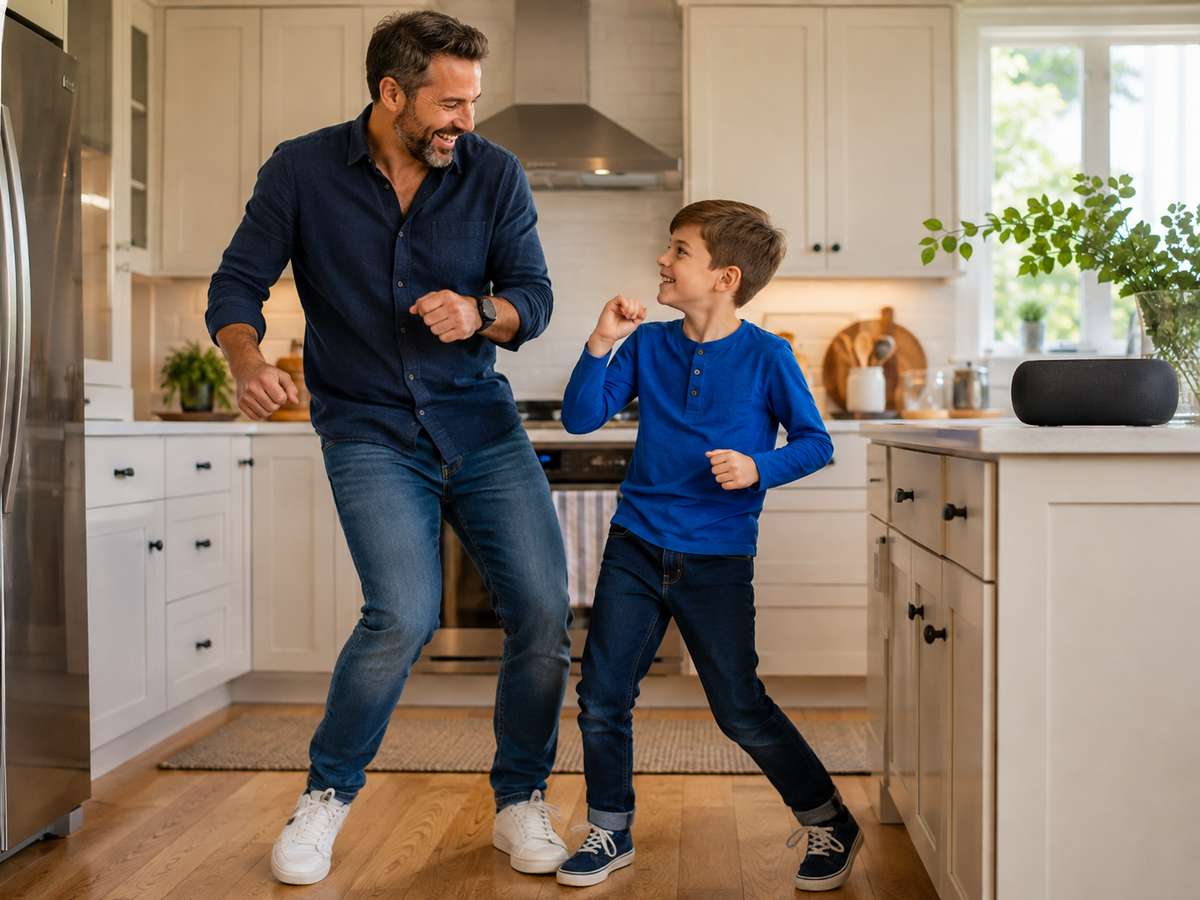 Ein Vater und sein kleiner Sohn tanzen gemeinsam zu Hause