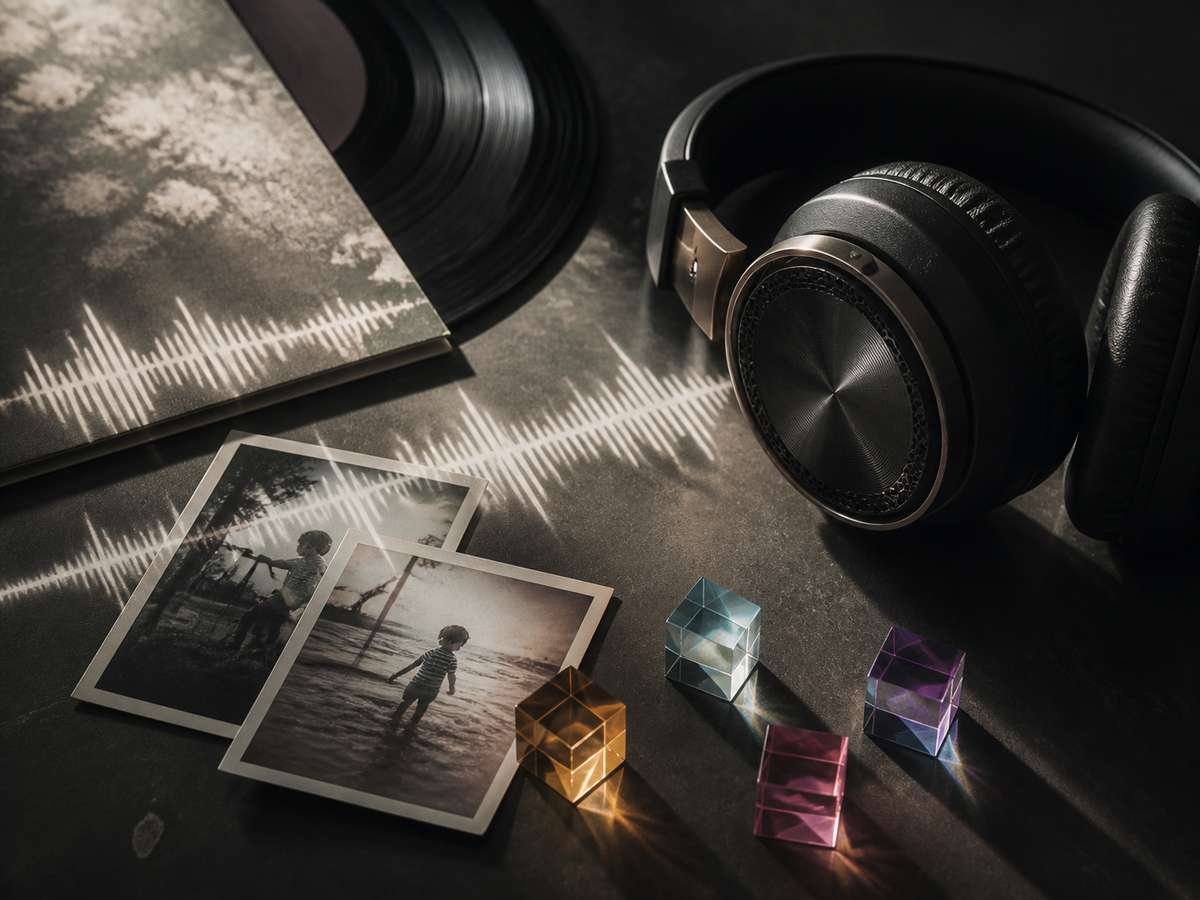 Headphones, vinyl, childhood photos, and waveform light for choosing songs about sisters