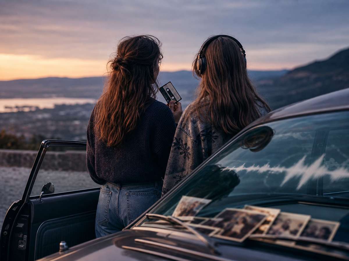 Two sisters sharing music and memories on a road trip at sunset