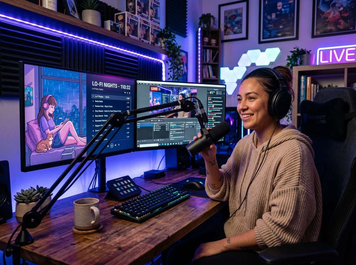 Twórca treści przy stanowisku do streamowania z dwoma monitorami pokazującymi transmisję lo-fi do nauki z animowaną sceną w stylu anime
