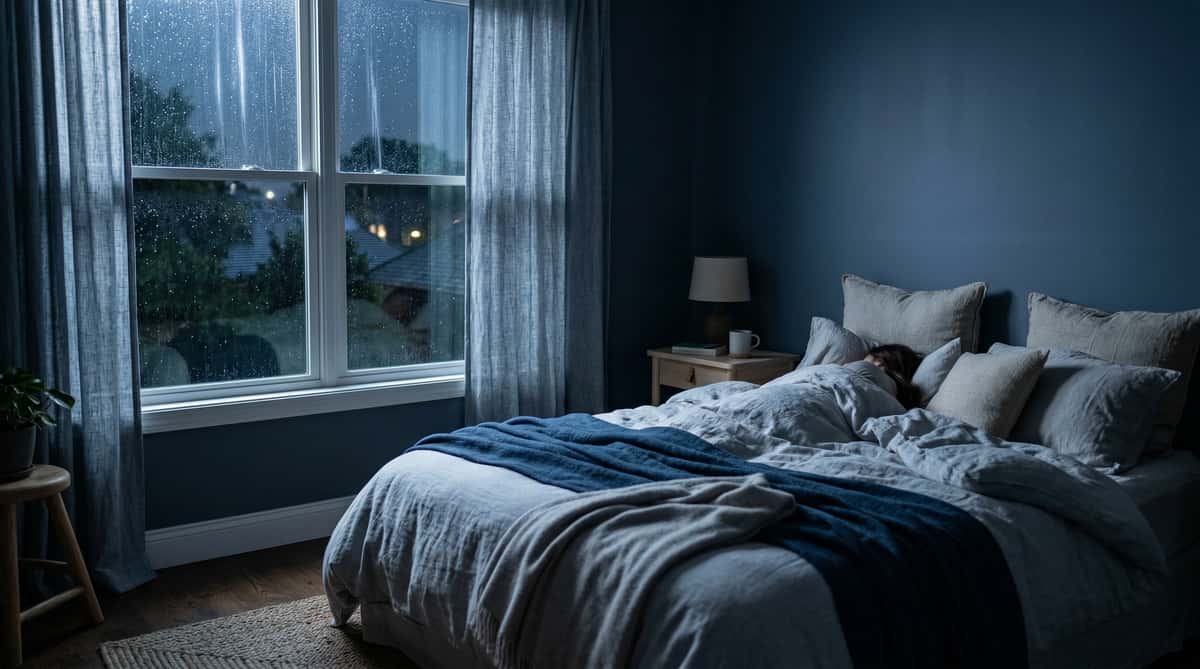 Przytulna sypialnia nocą z miękkim światłem księżyca przez zasłony, delikatnie stukającym deszczem na oknie w estetyce sleepy lo-fi