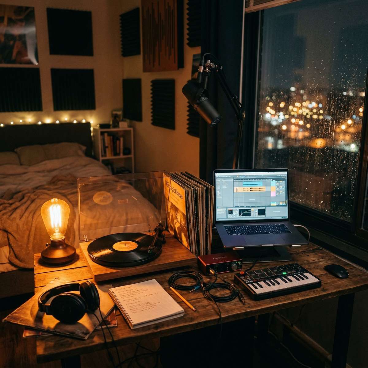 Przytulne studio w sypialni nocą z ciepłą lampką biurkową, gramofonem, deszczem na oknie i laptopem pokazującym produkcję muzyki lo-fi