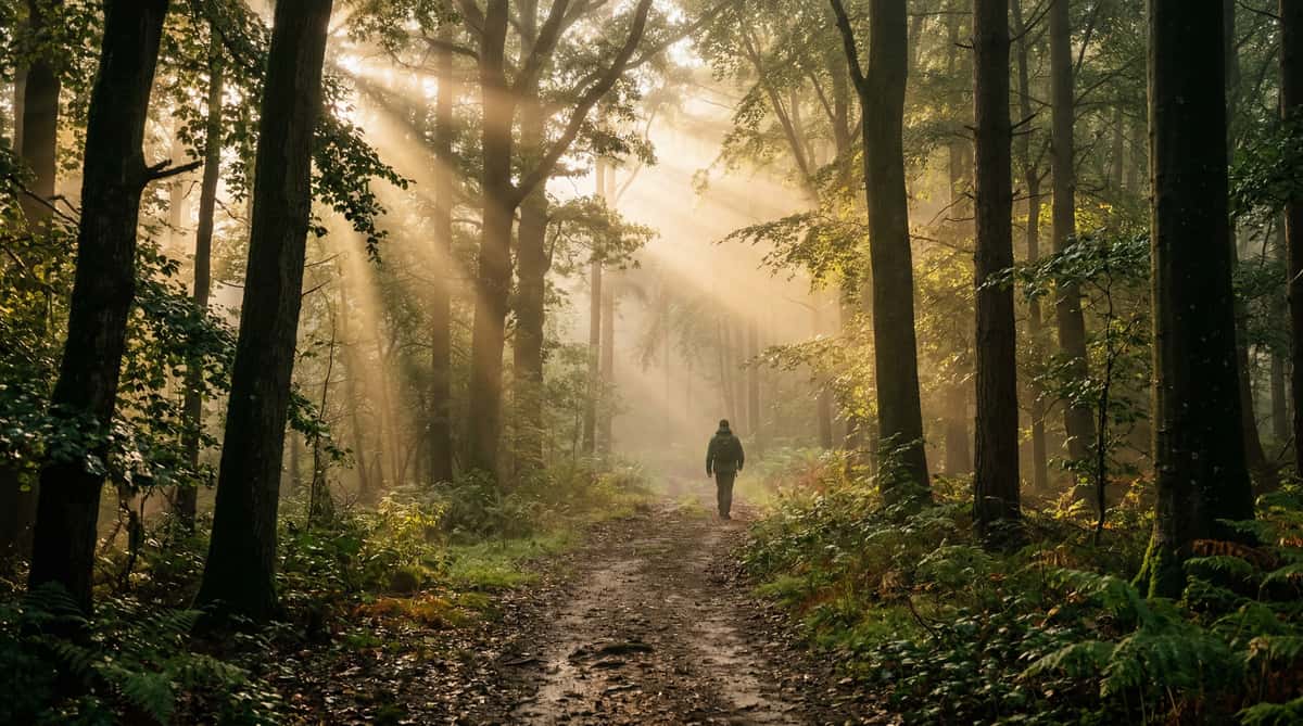 Mglista leśna ścieżka o świcie z miękkim światłem porannym przesączającym się przez drzewa, idealnie oddającym atmosferę ambient lo-fi