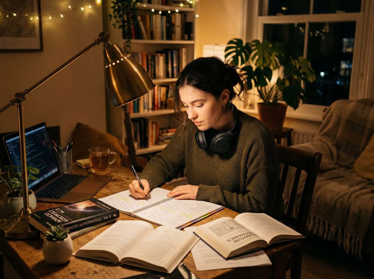Student uczy się przy biurku późną nocą z ciepłym światłem lampy, otwartymi książkami i słuchawkami odtwarzającymi muzykę lo-fi
