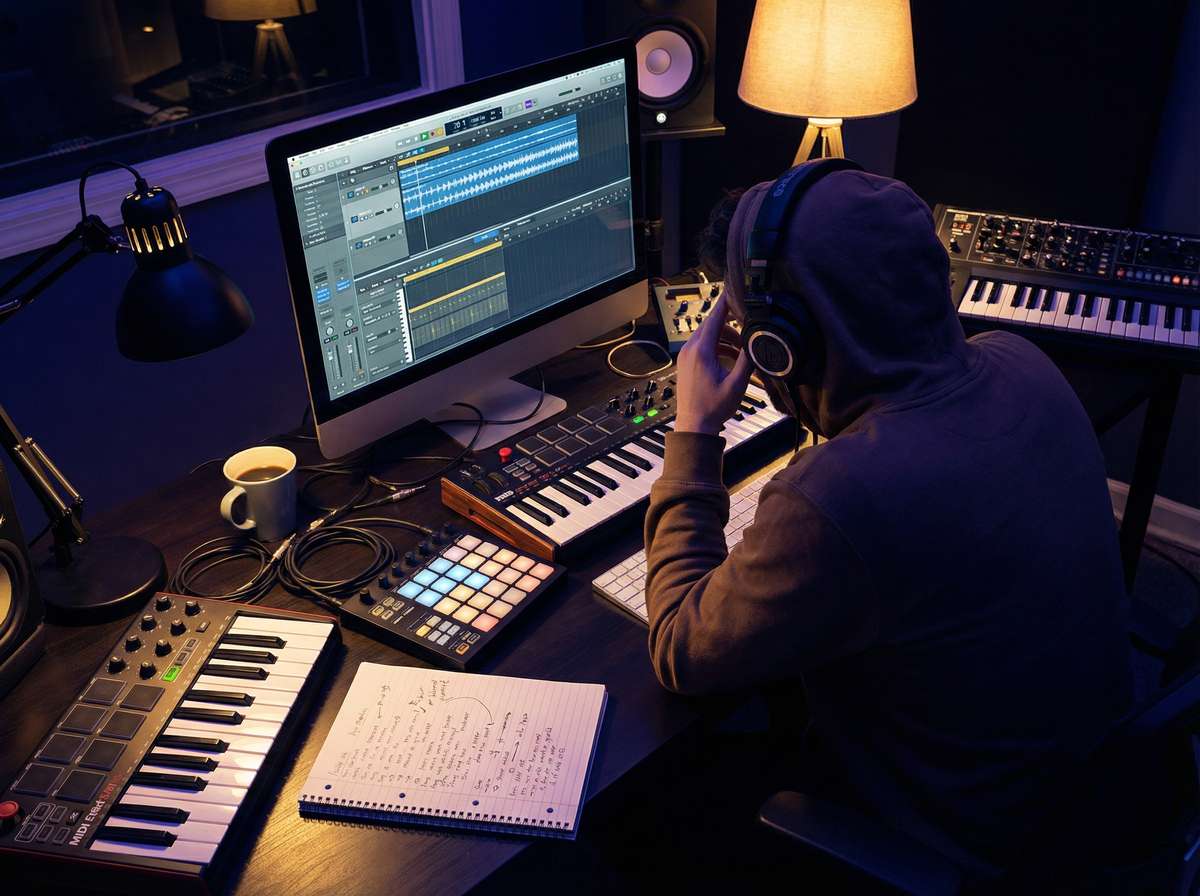 Producent muzyczny przy stacji roboczej DAW, używający darmowego generatora tekstów rapowych AI MemoTune do tworzenia utworu rapowego