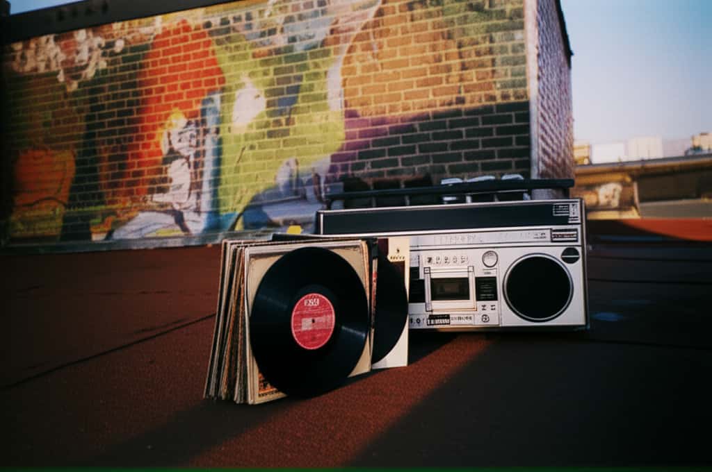 Płyty winylowe i klasyczny boom box na dachu Nowego Jorku, reprezentujące hip-hop Old School