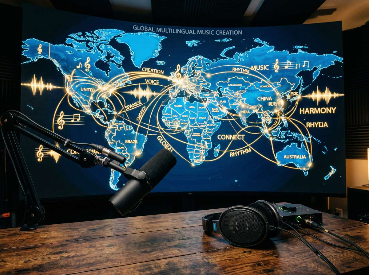 Mapa świata z nutami łączącymi różne kraje, reprezentująca wielojęzyczne tworzenie muzyki