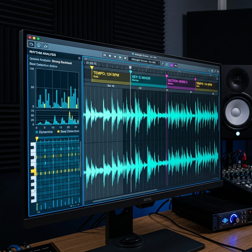 Audio waveform on monitor showing tempo markers and key notation