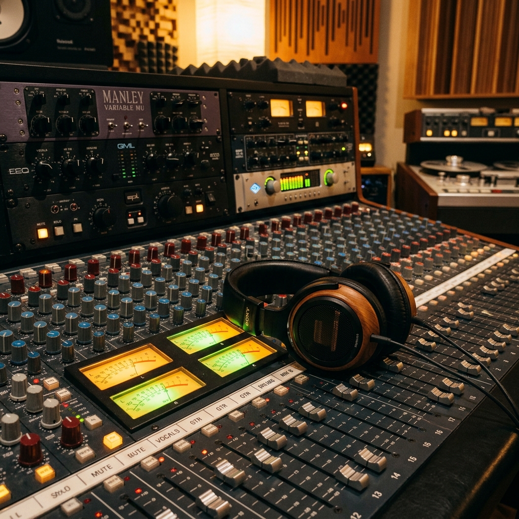 Studio headphones on mixing console with LED level meters