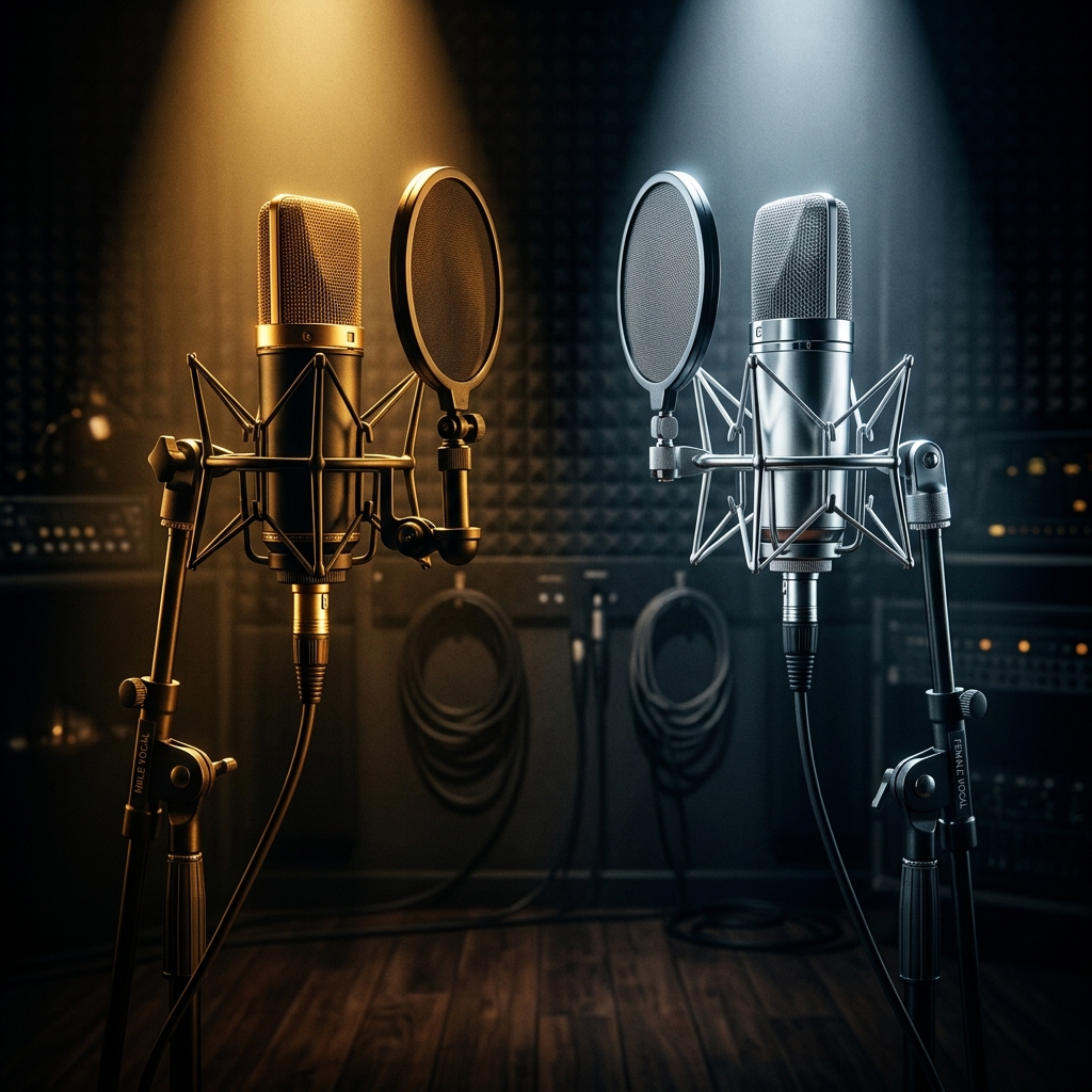 Two studio microphones with warm and cool lighting for male and female vocals