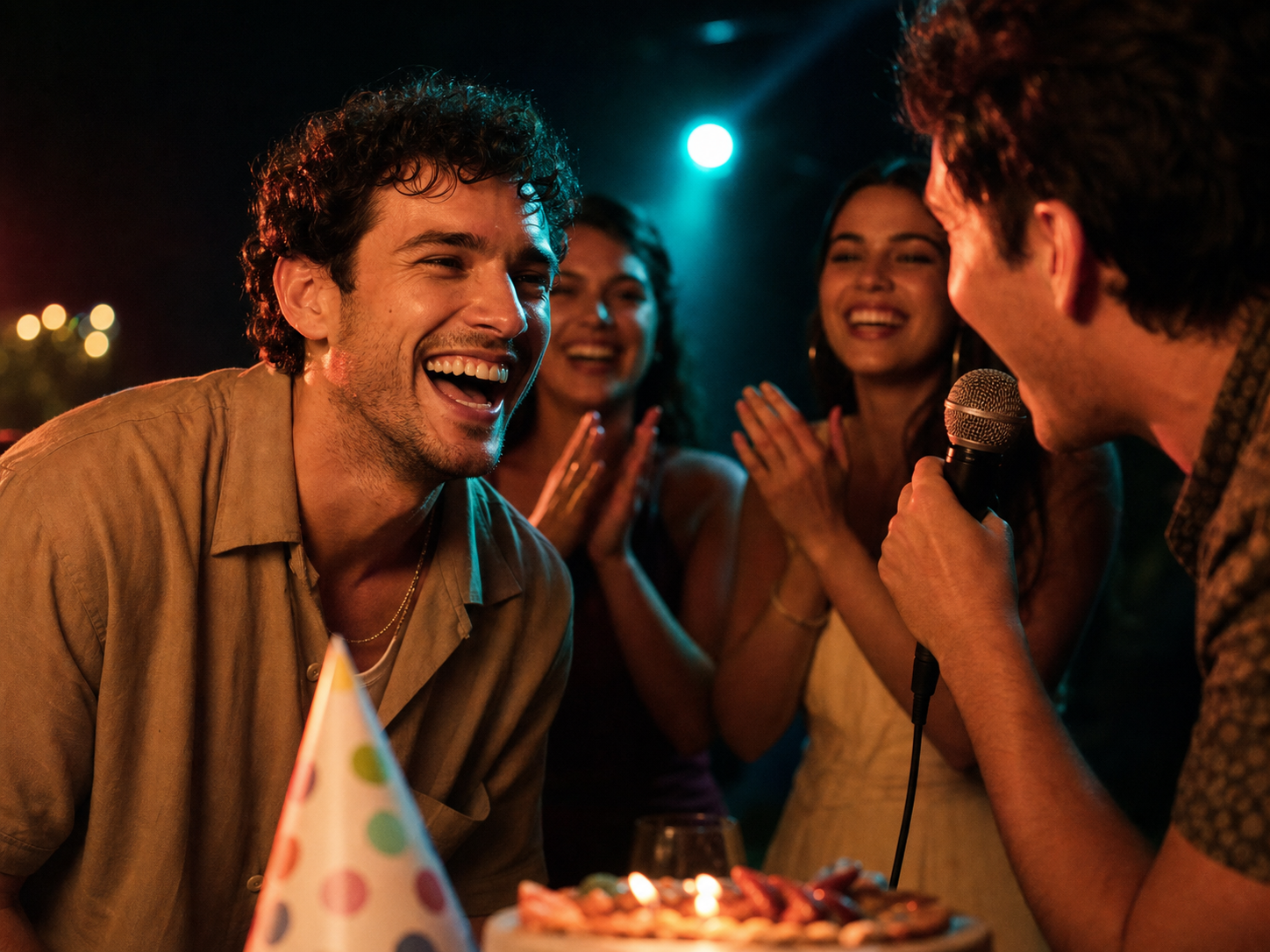 Friends laughing together during a warm birthday roast song