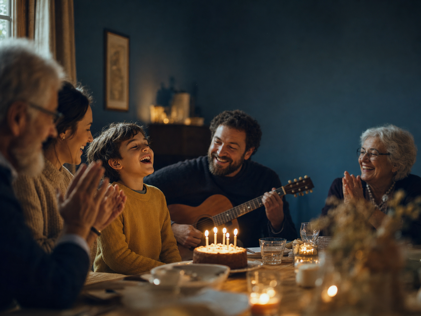 Family singing along to a custom birthday song around a cake