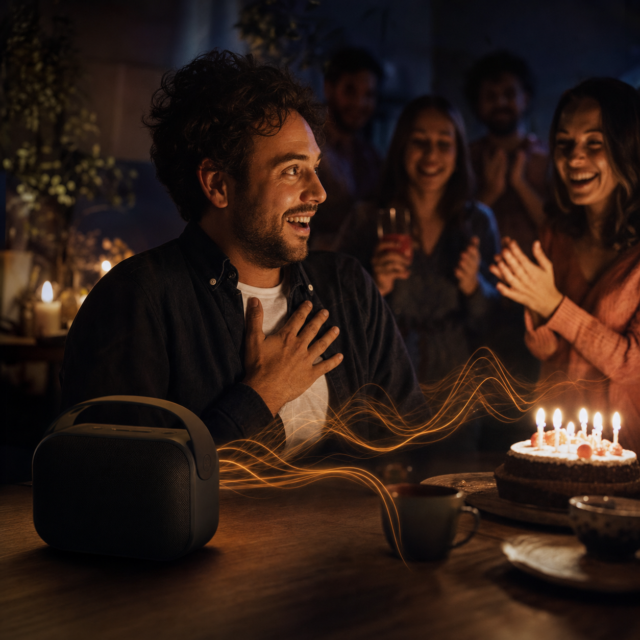 Friends surprising a birthday guest while a personalized song with their name plays