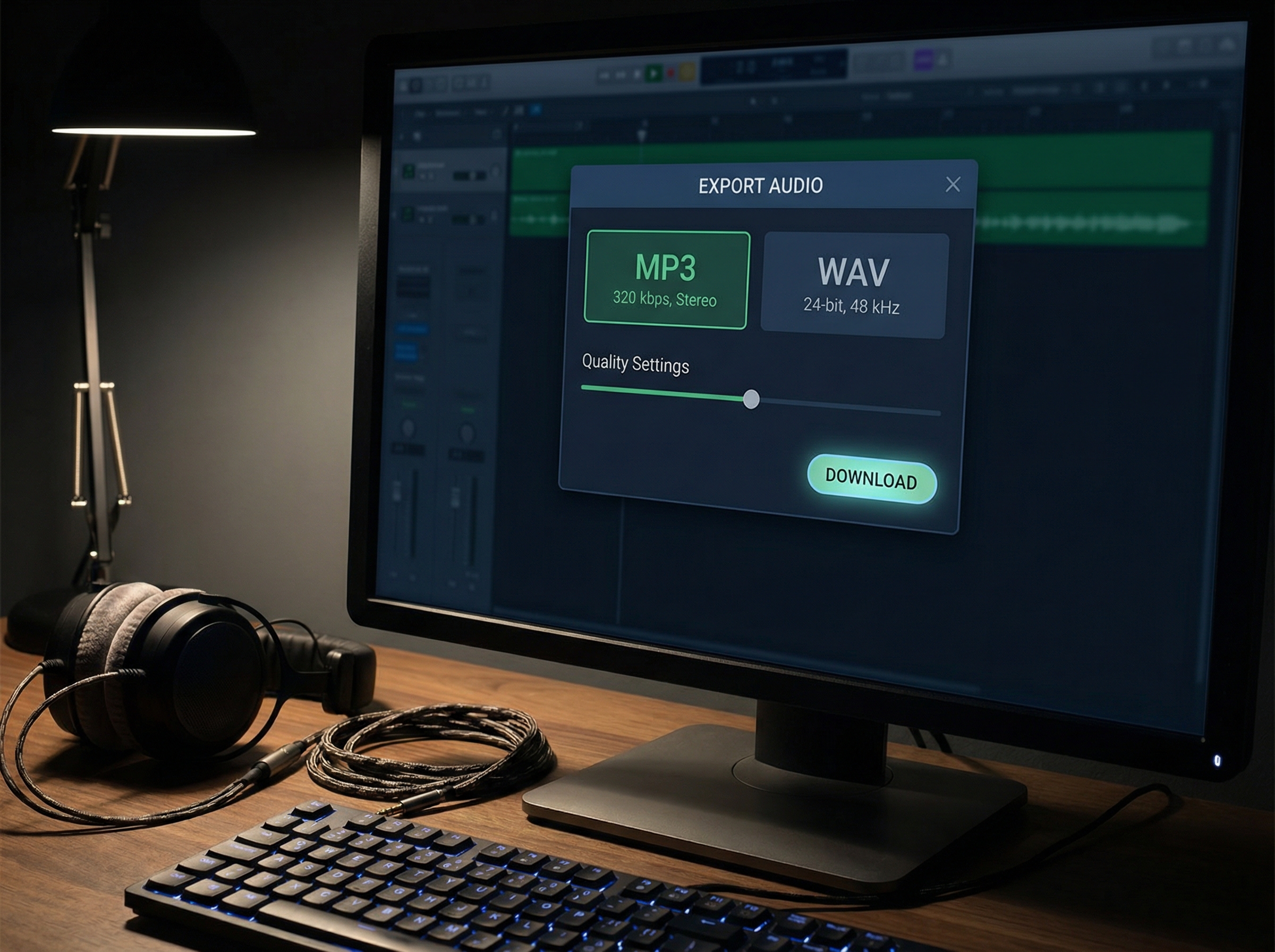 Audio file export dialog showing MP3 and WAV format options