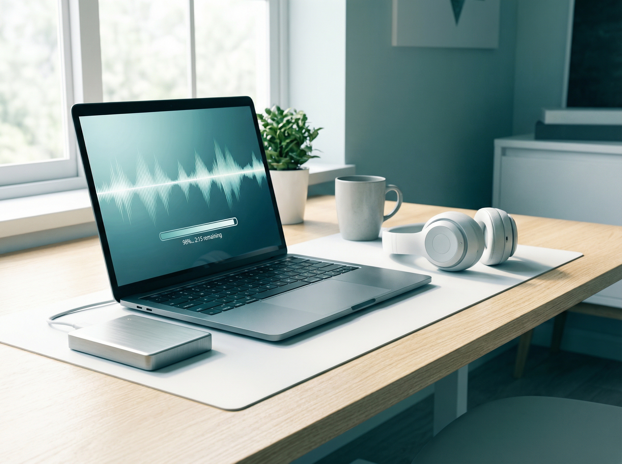 Laptop screen showing audio waveform with download progress bar and headphones on desk