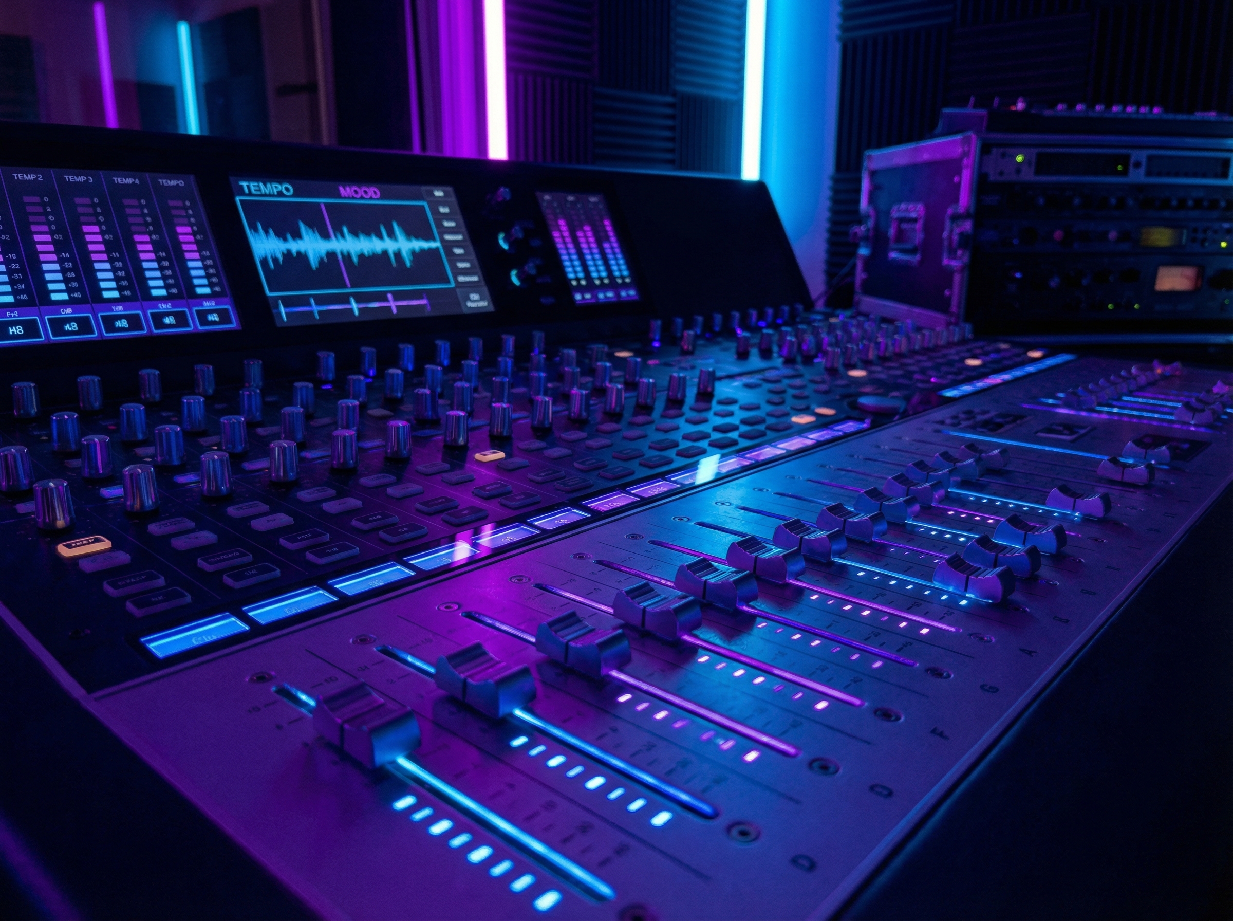Audio mixing console with glowing LED meters and equalizer sliders for mood and tempo control