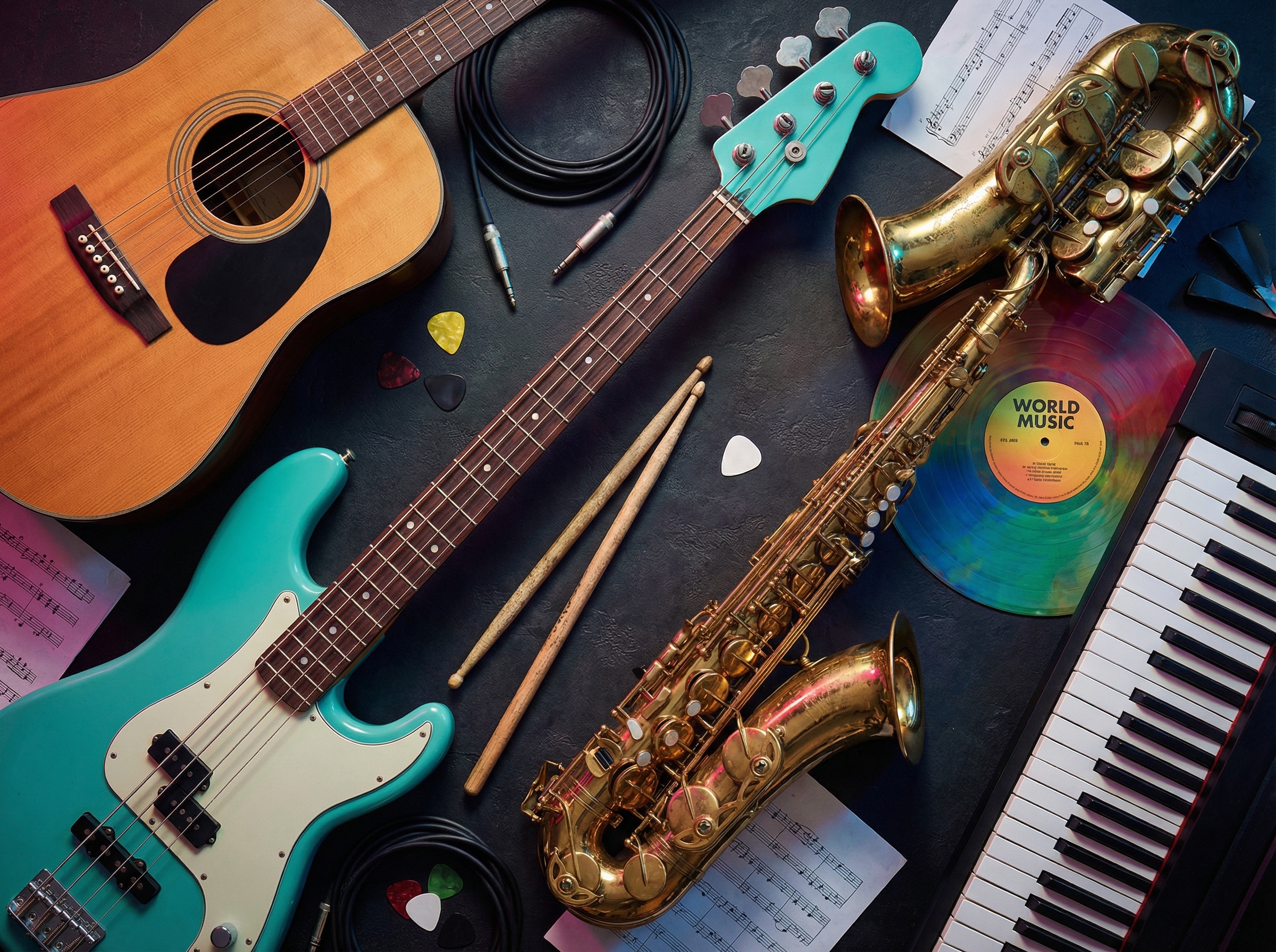 Diverse musical instruments arranged in artistic flat lay showing genre variety