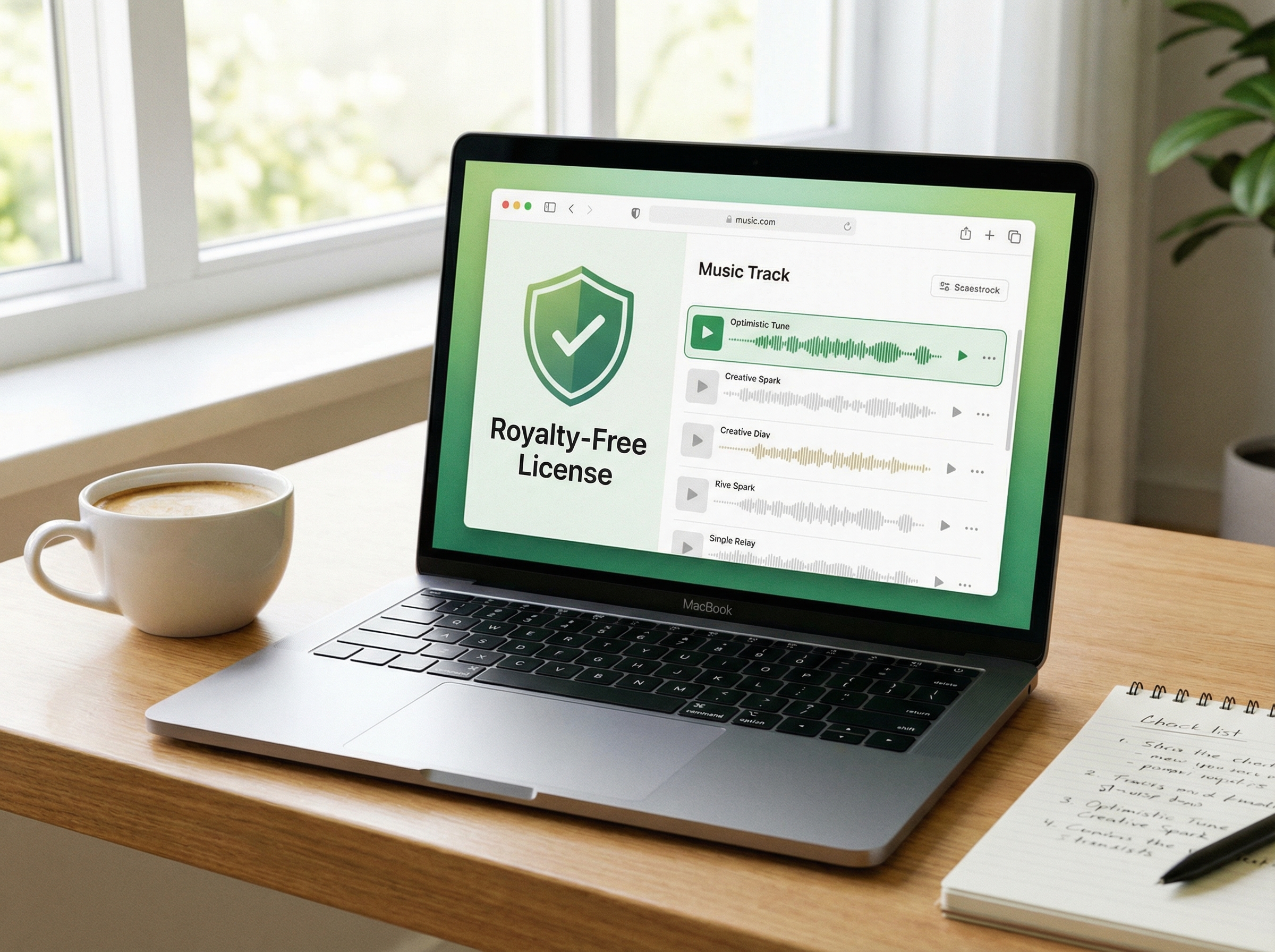 Shield badge on laptop screen next to music tracks representing royalty-free license