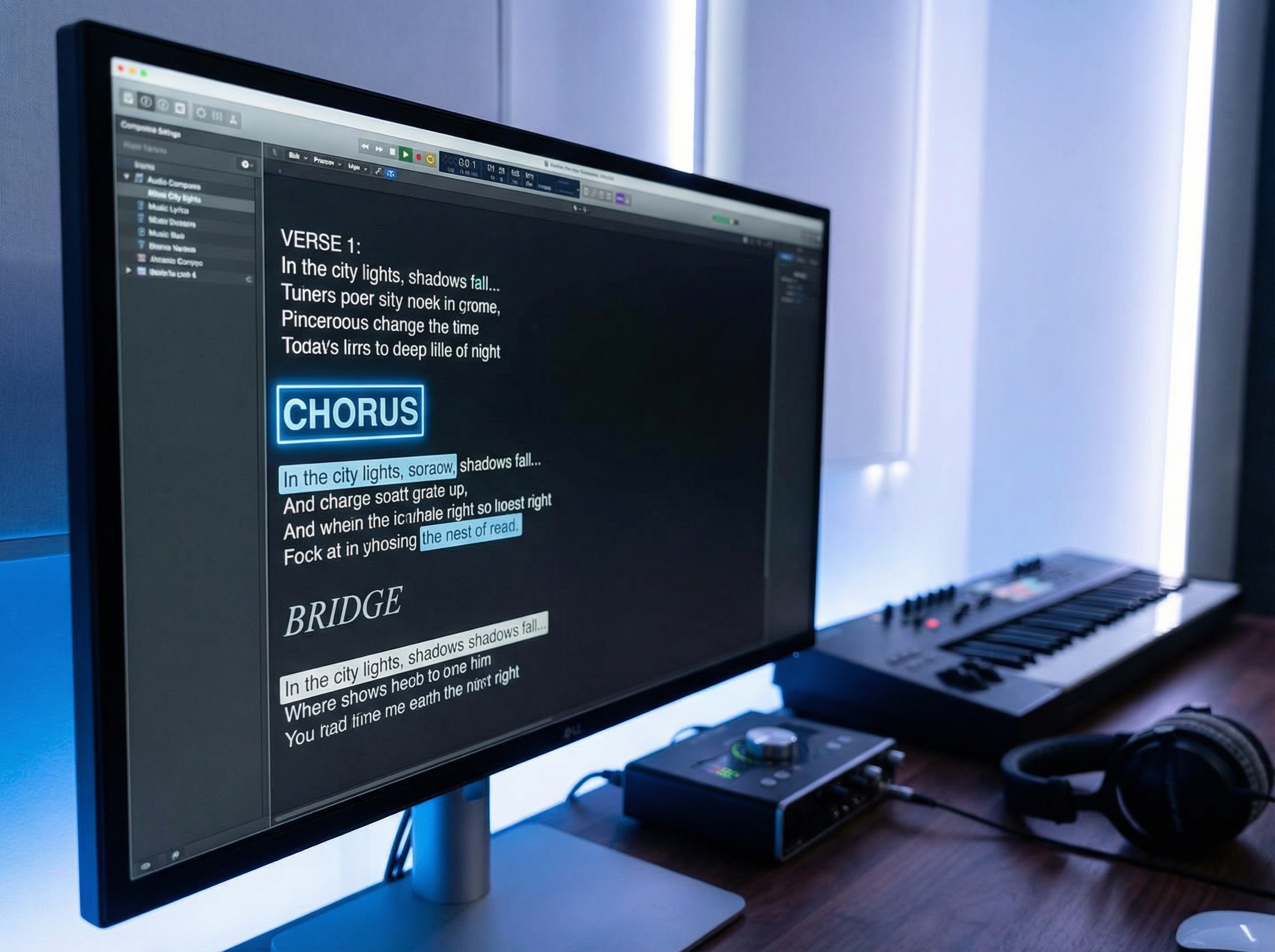 Structured song lyrics displayed on a digital screen with verse and chorus sections
