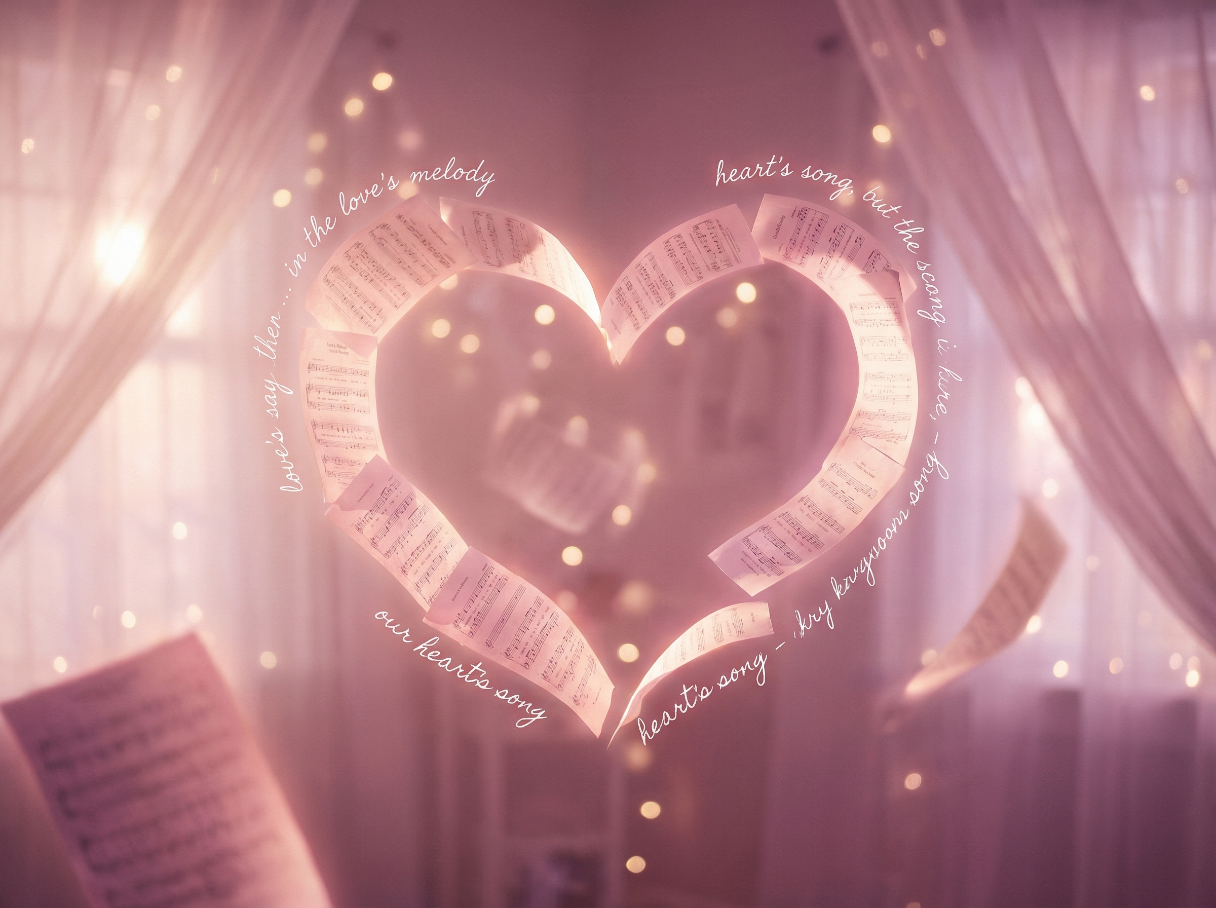 Heart shape made of musical notes and lyrics in dreamy atmosphere
