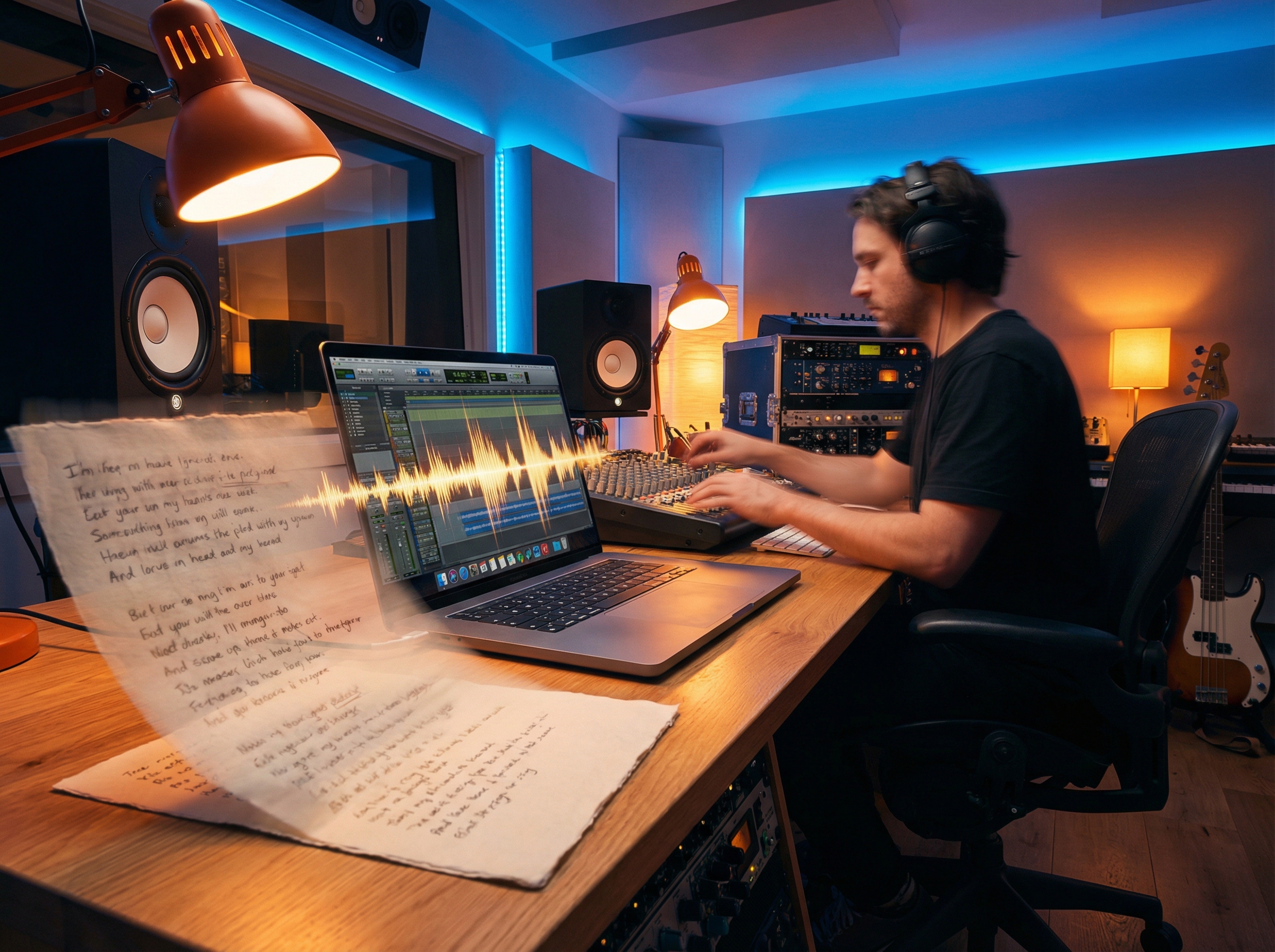 Lyrics transforming into musical waveform in modern music studio