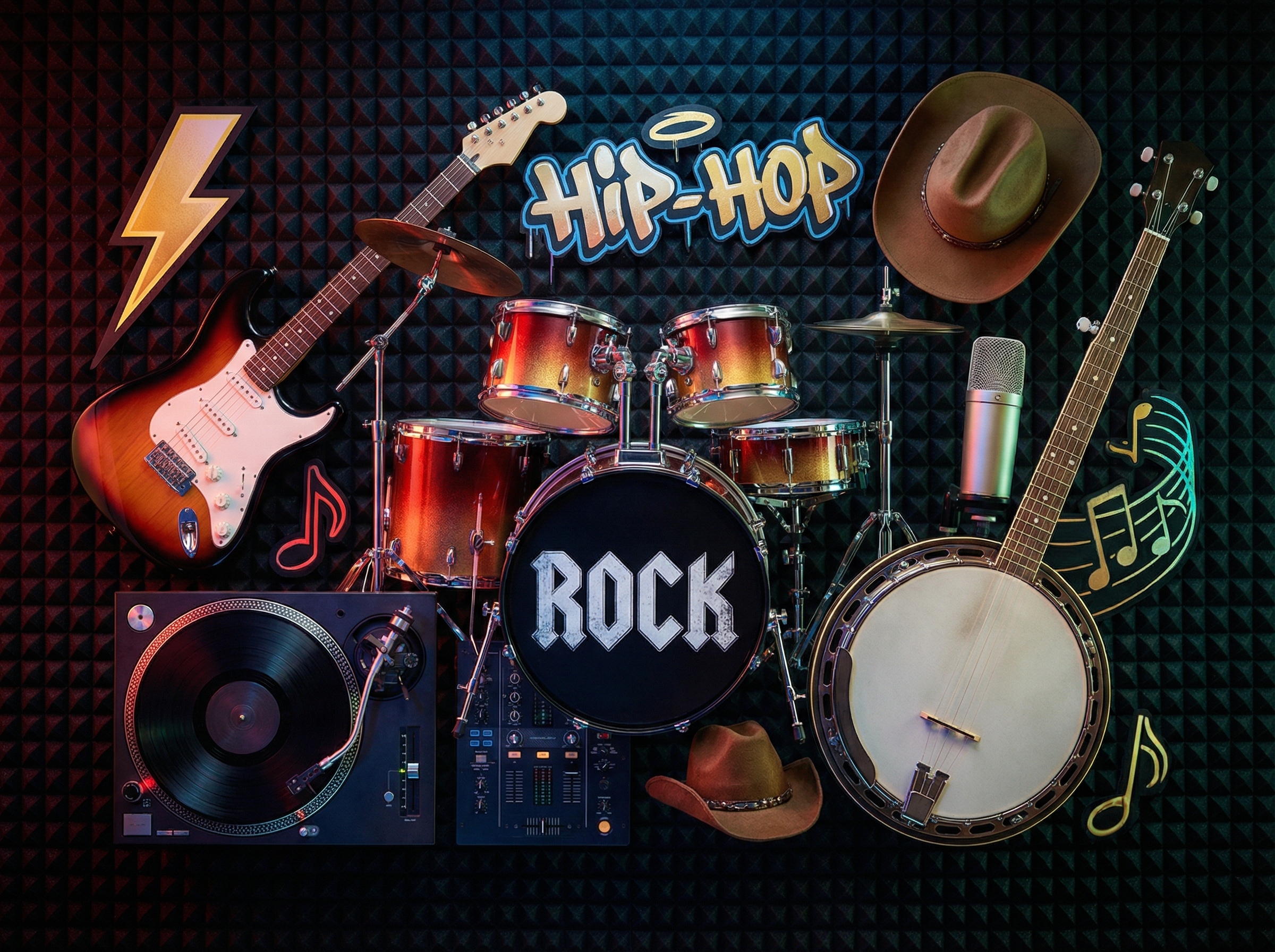 Diverse music genre symbols and instruments arranged artistically