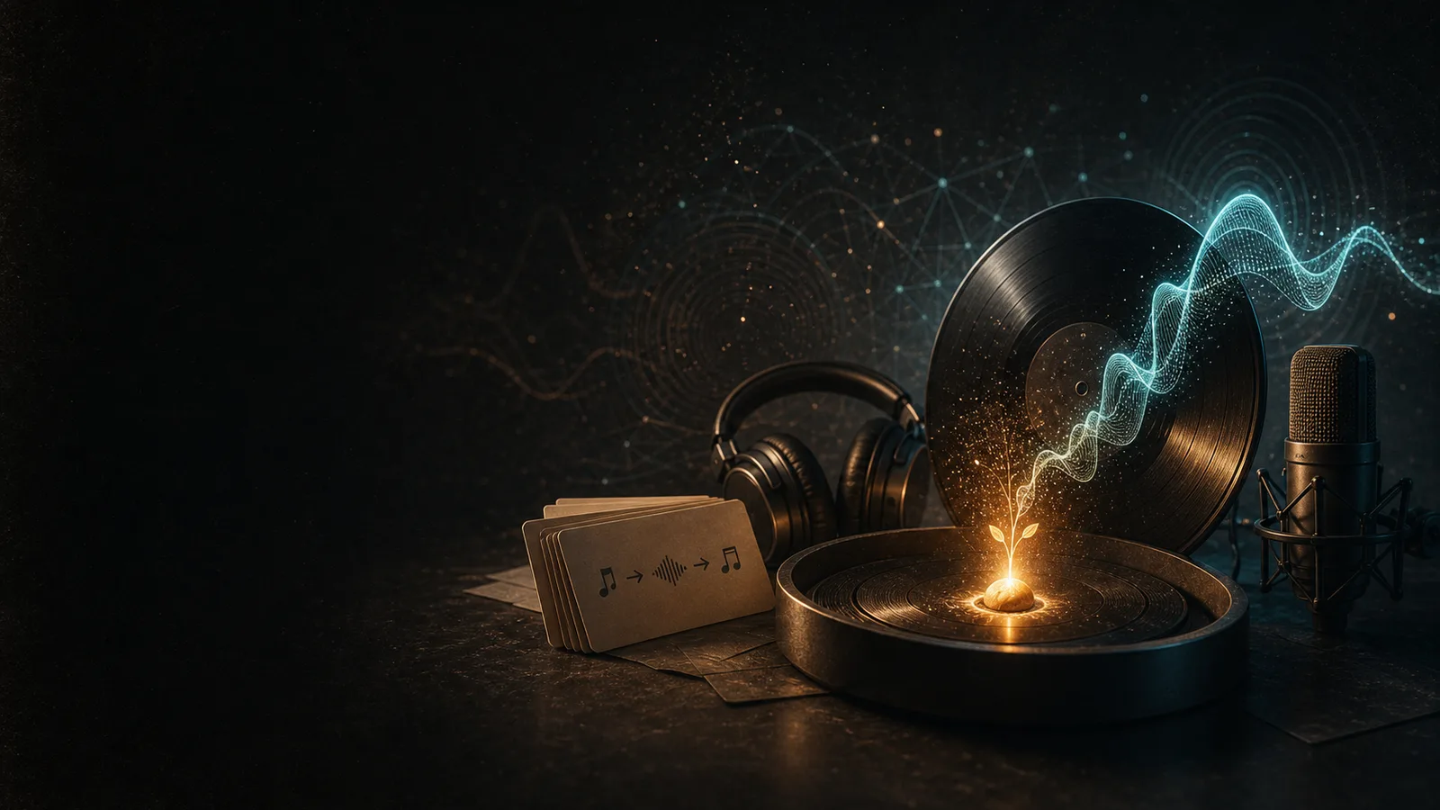 Dark editorial artwork of a glowing music seed becoming a waveform and vinyl record