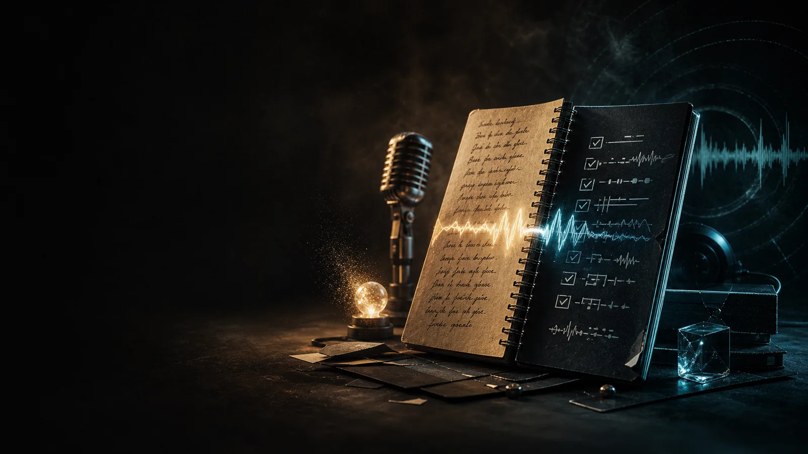 Dark editorial artwork of a split notebook comparing lyrics and prompt structure with a waveform bridge