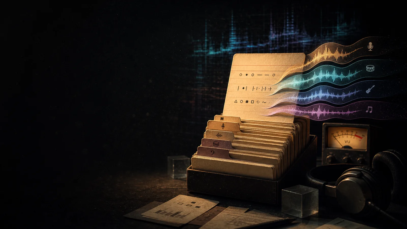 Dark editorial artwork of prompt example cards with layered waveform stems