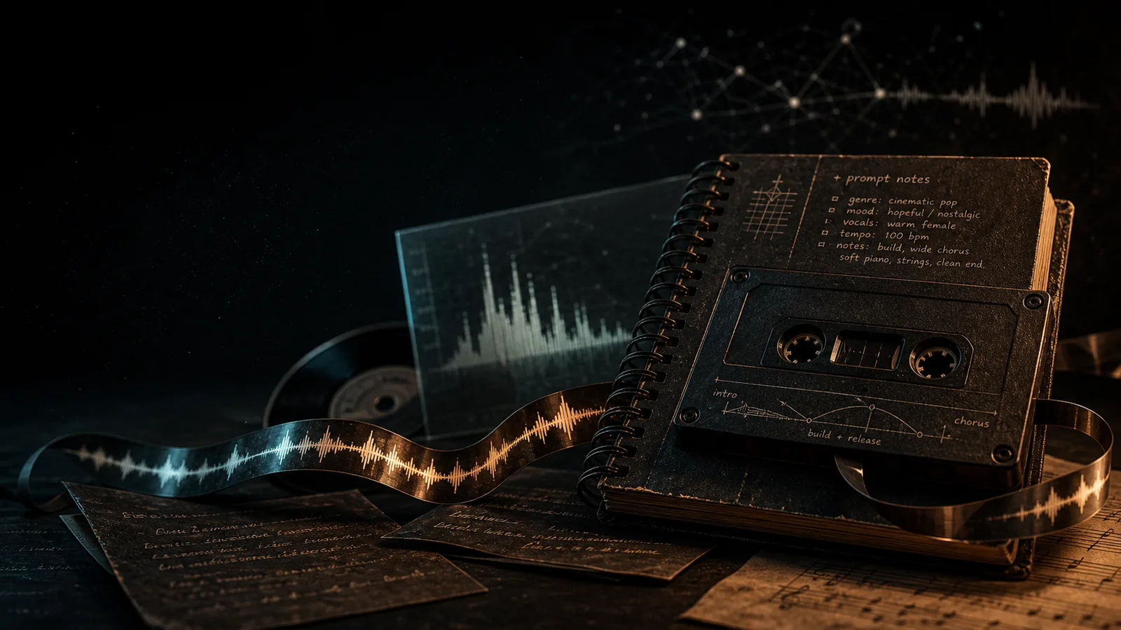 Dark editorial AI music prompt guide artwork with cassette tape, notebook, and waveform ribbon