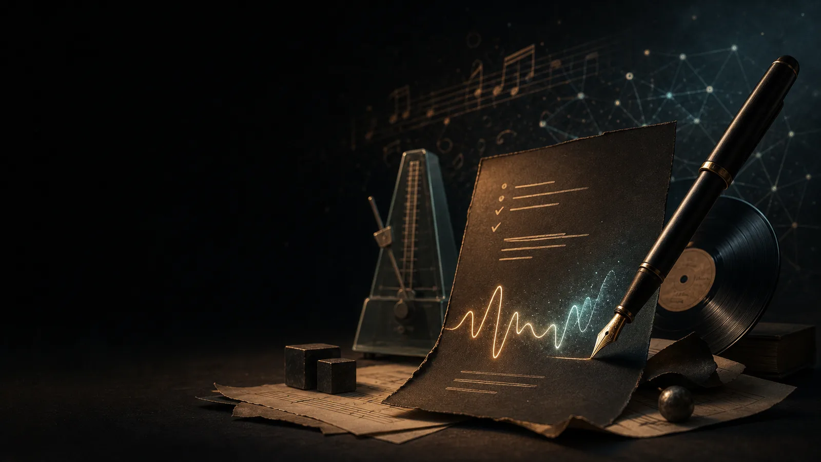 Dark editorial artwork of a fountain pen drawing a glowing waveform from a prompt sheet