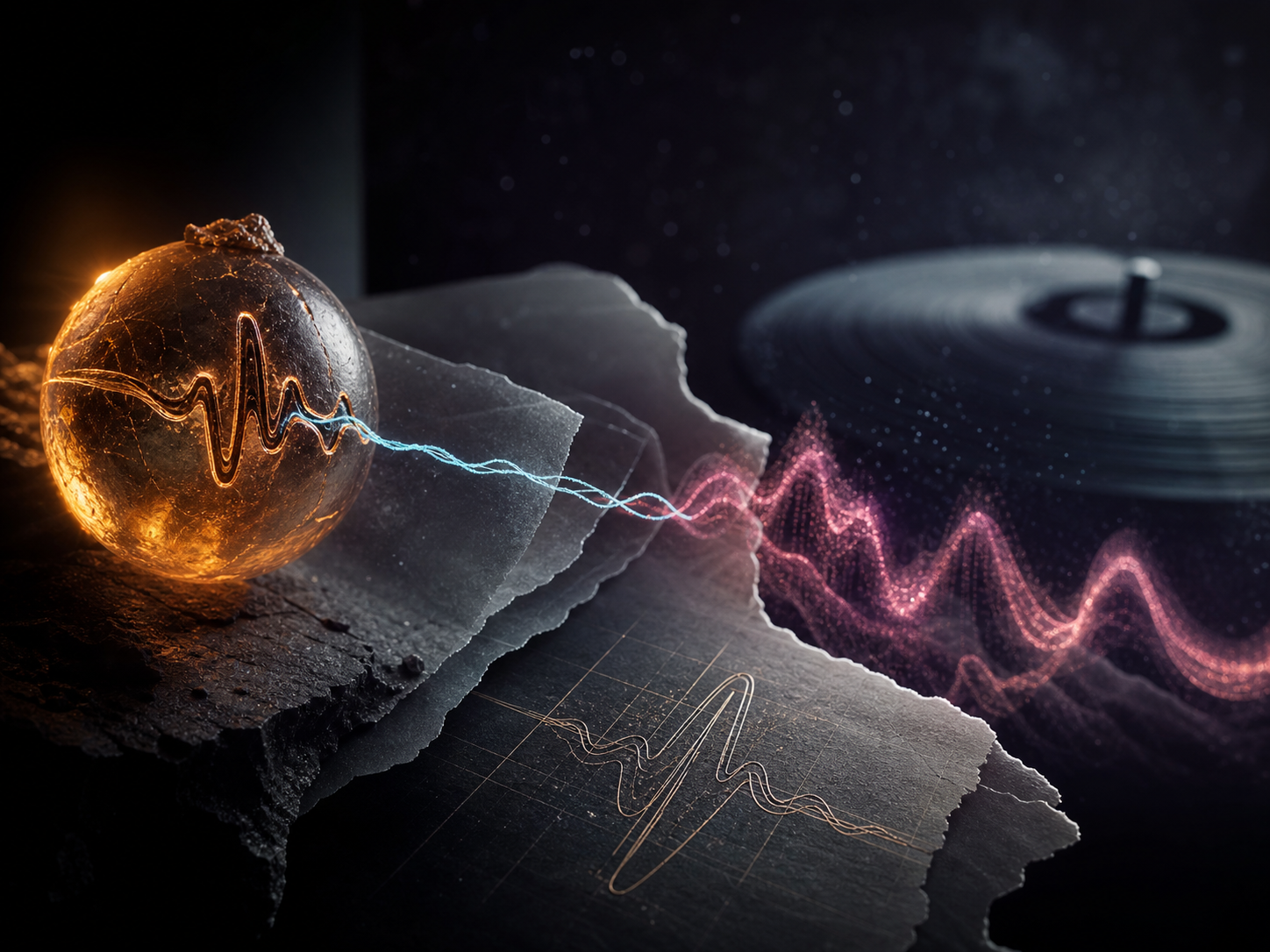 A glowing source sphere guiding a regenerated waveform across layered materials
