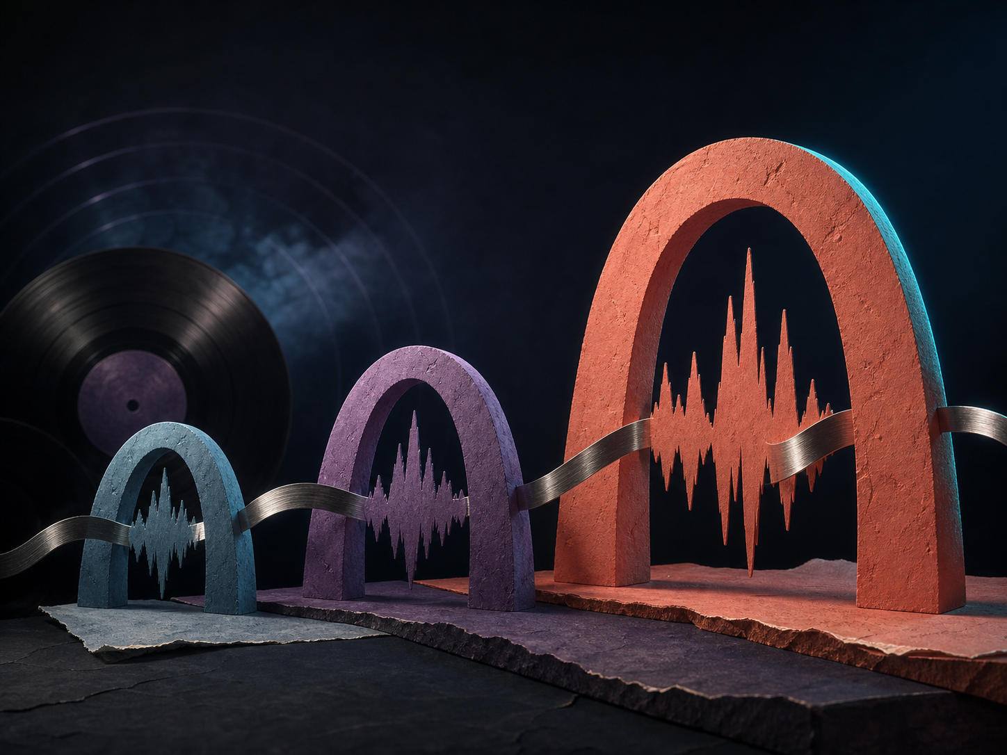 Three waveform arches increasing from a subtle to a bold variation