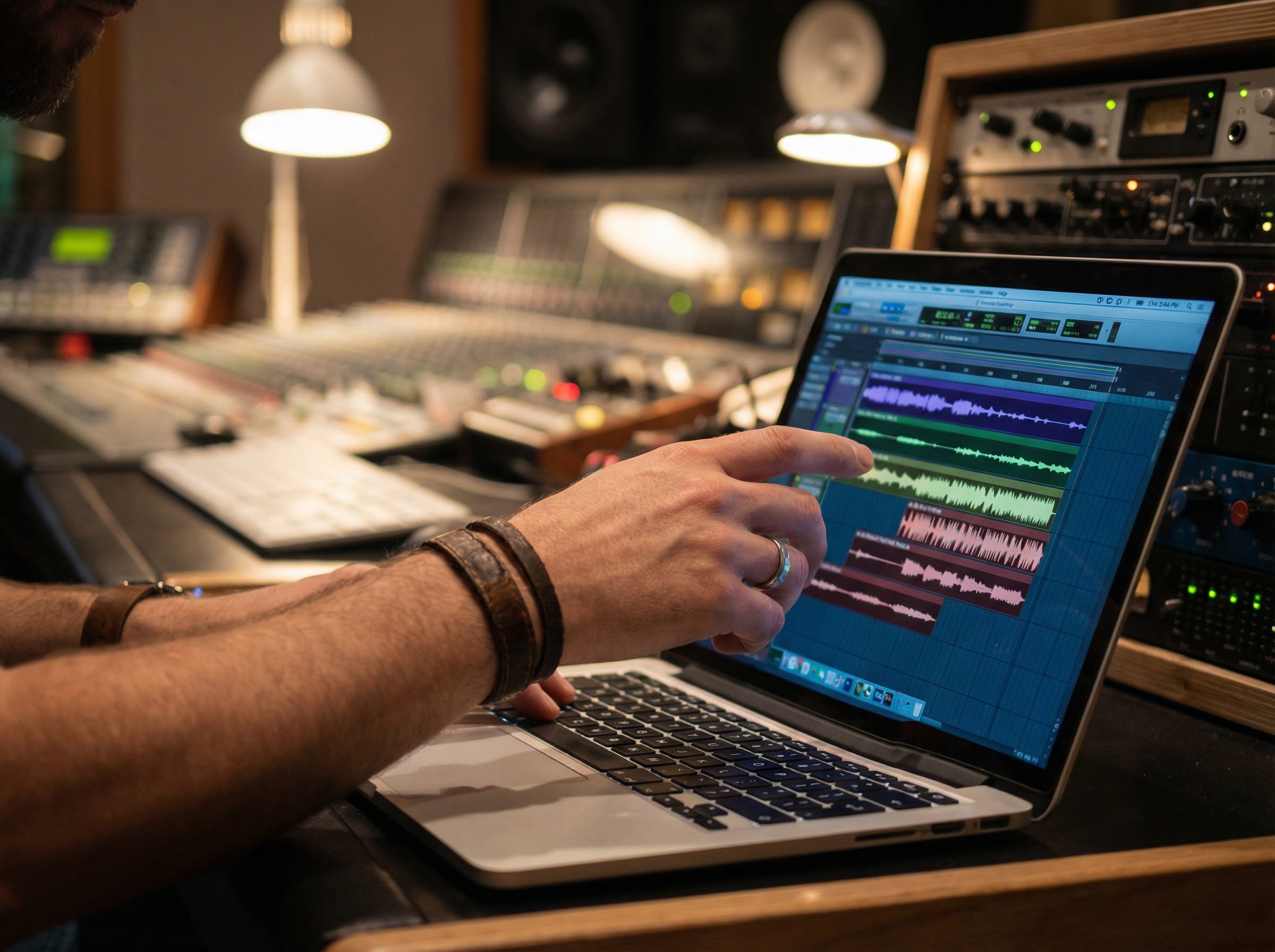Sound engineer selecting a song on laptop with audio waveforms