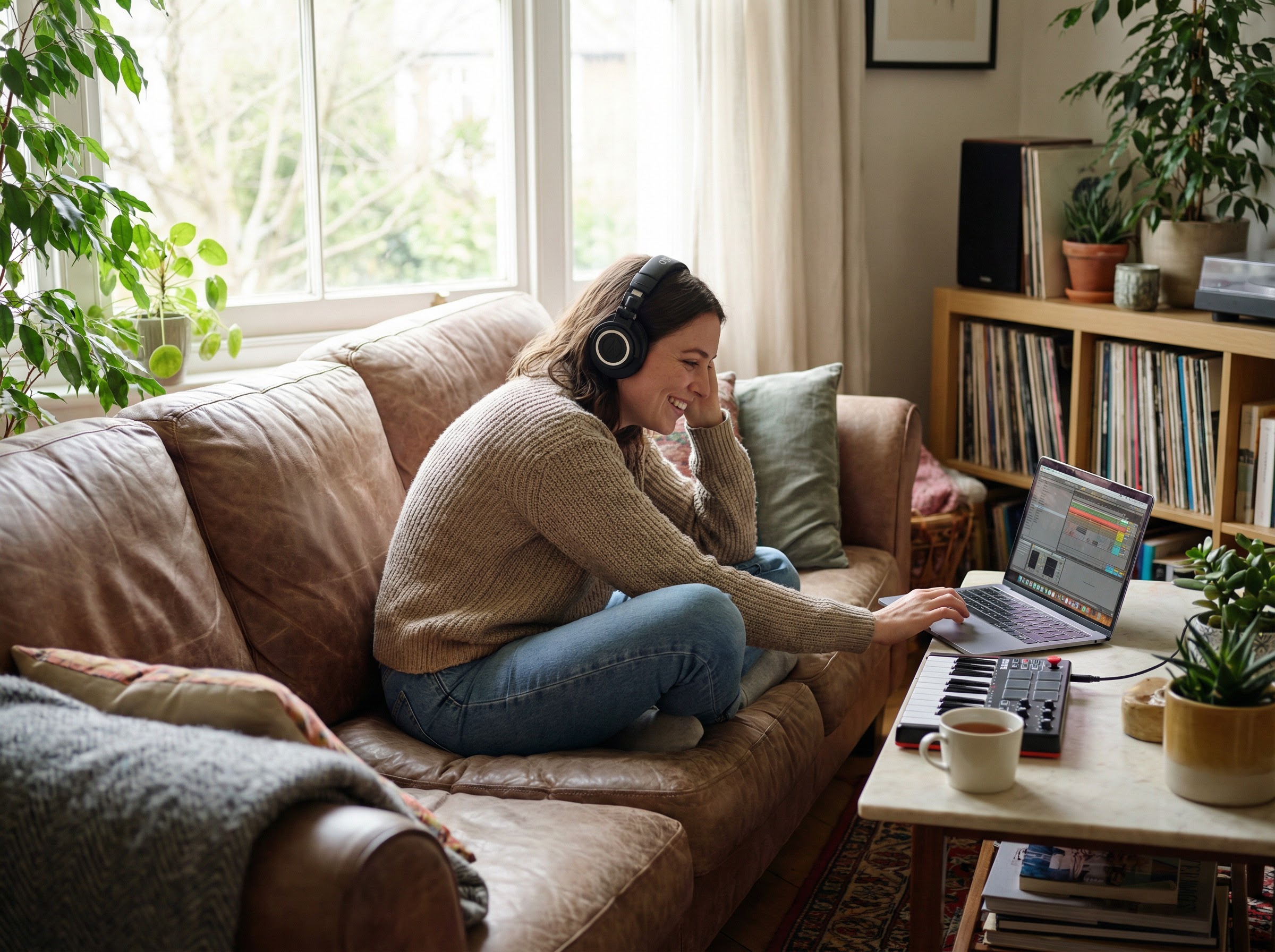 Person creating music on a laptop without recording equipment