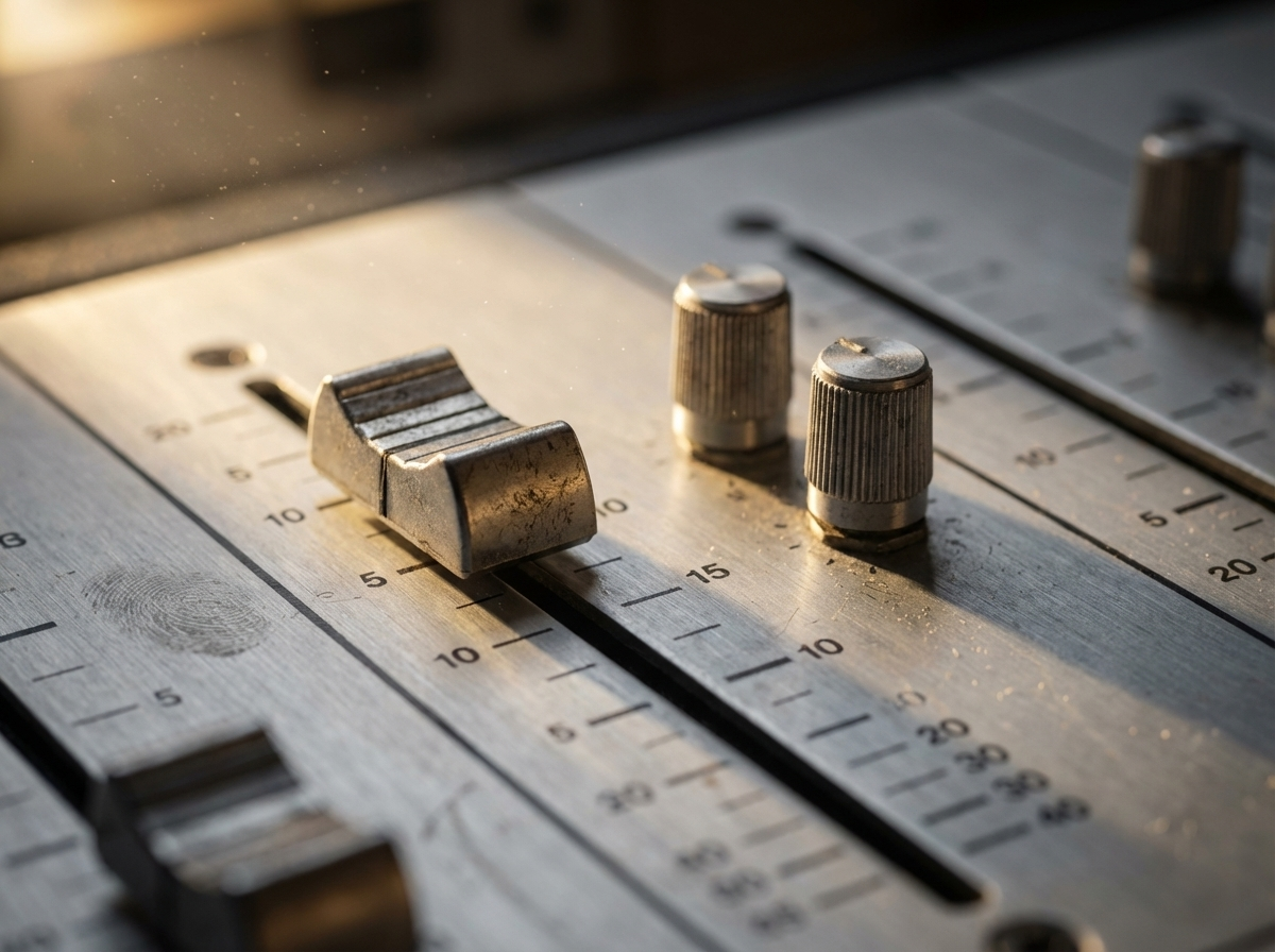 Close up of an audio mixing console with sliders and knobs
