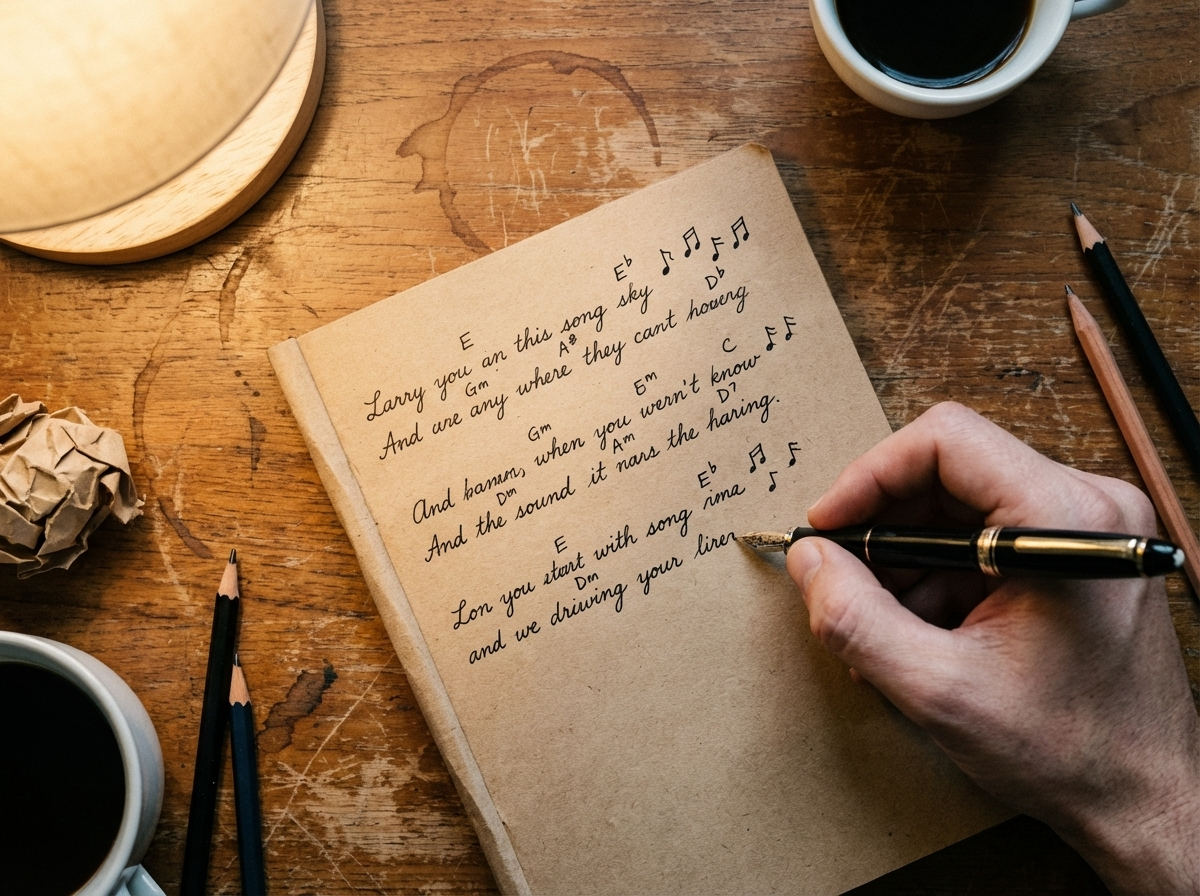 Close-up of song lyrics being written on a notebook with musical notes