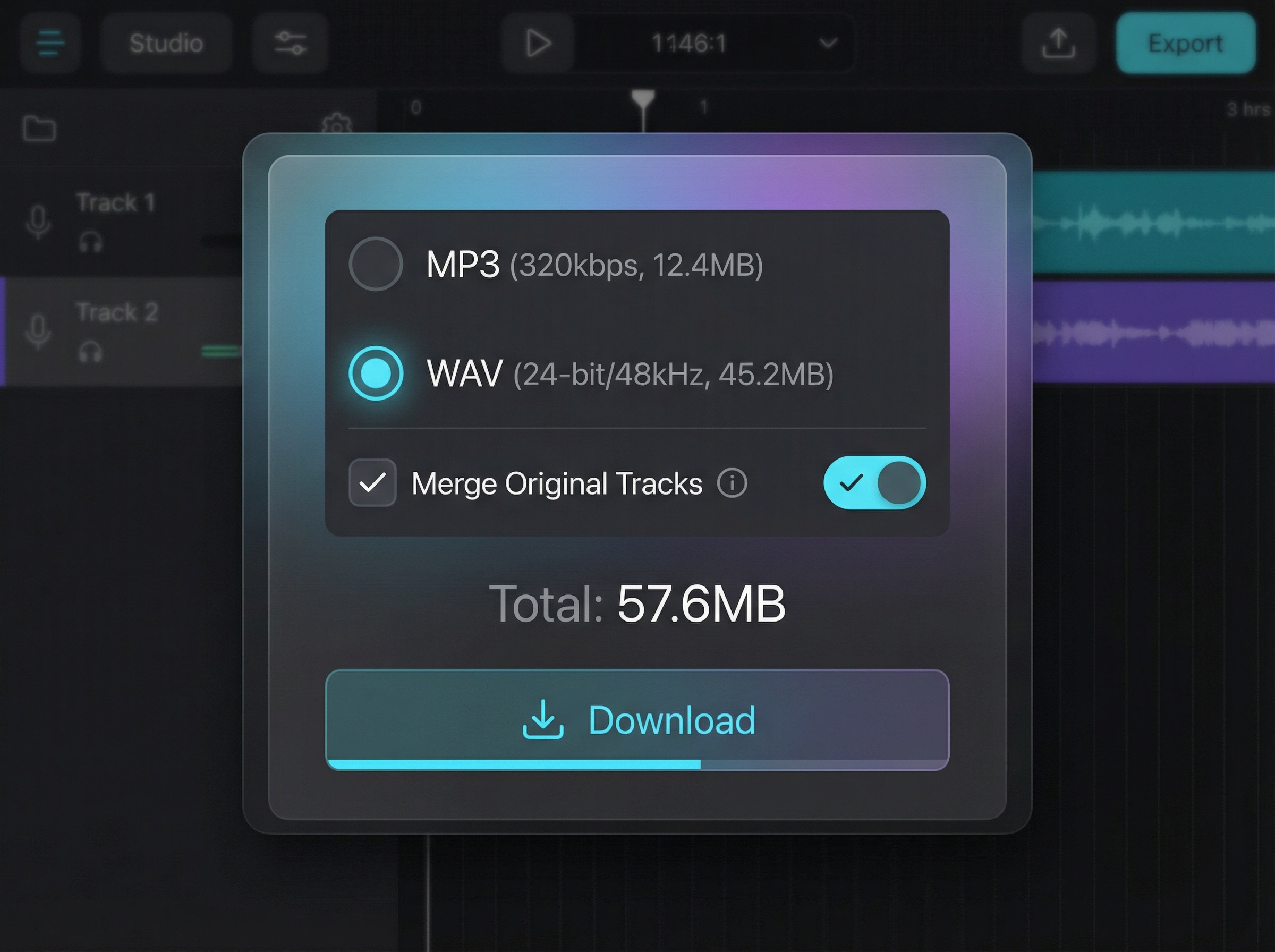 Export dialog showing MP3 and WAV options with merge settings