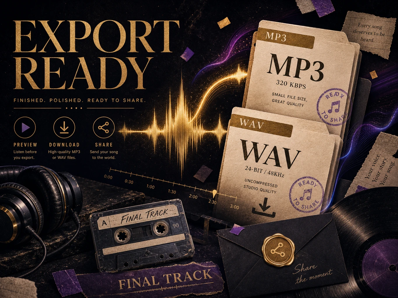English poster collage for export ready tracks with MP3 and WAV cards, waveform, headphones, and vinyl