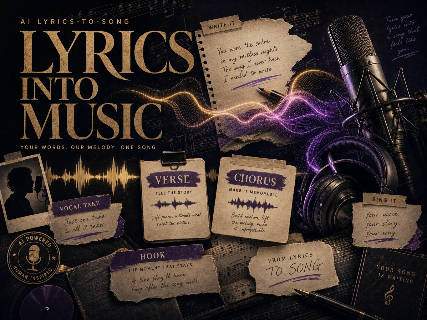 English poster collage for lyrics into music with lyric card, verse and chorus labels, waveform, microphone, and vinyl