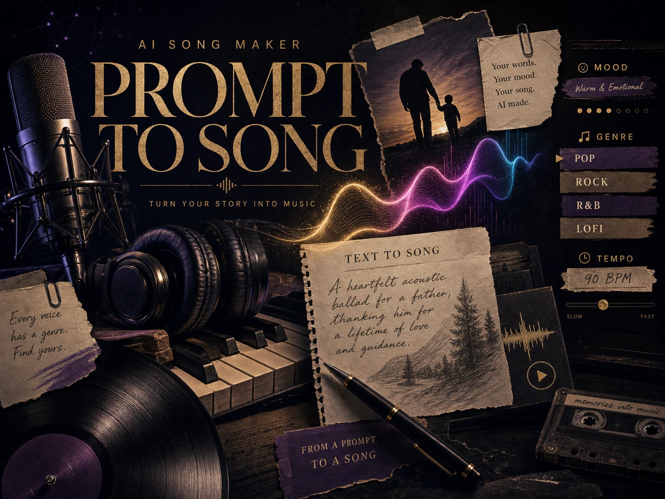 English poster collage for prompt to song generation with prompt card, waveform, microphone, piano keys, and genre labels