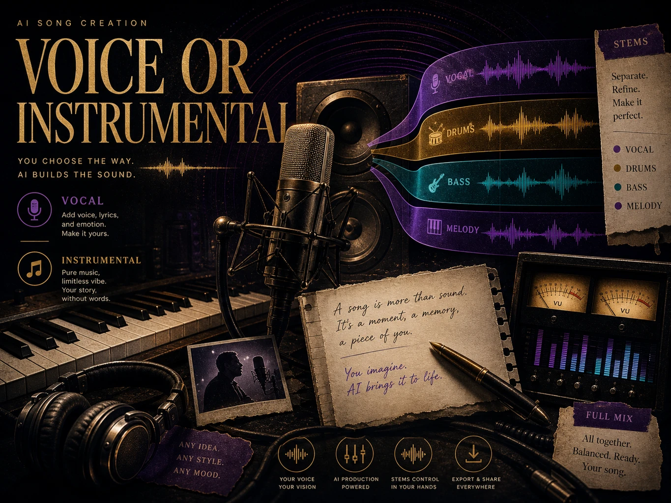 English poster collage for voice or instrumental mode with microphone, stem cards, piano keys, waveform, and equalizer bars