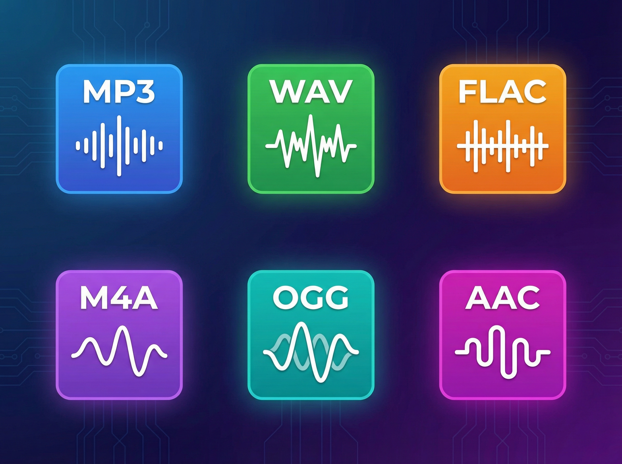 Audio file format icons including MP3 WAV FLAC M4A OGG AAC