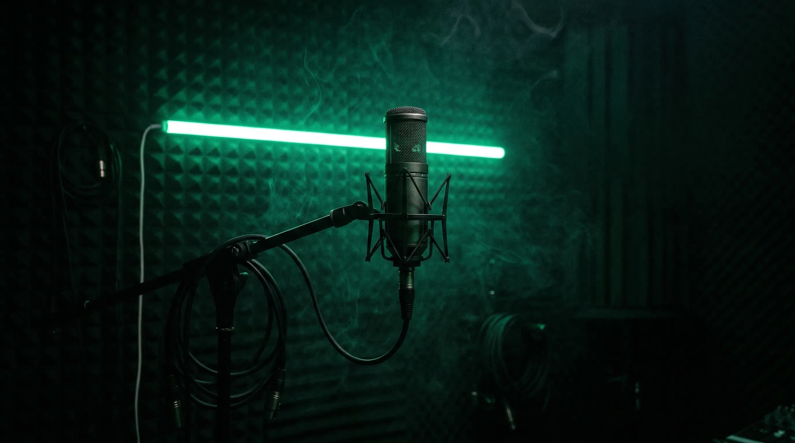 Dark atmospheric visualization of whisper-style AI voice cover applied to a music track