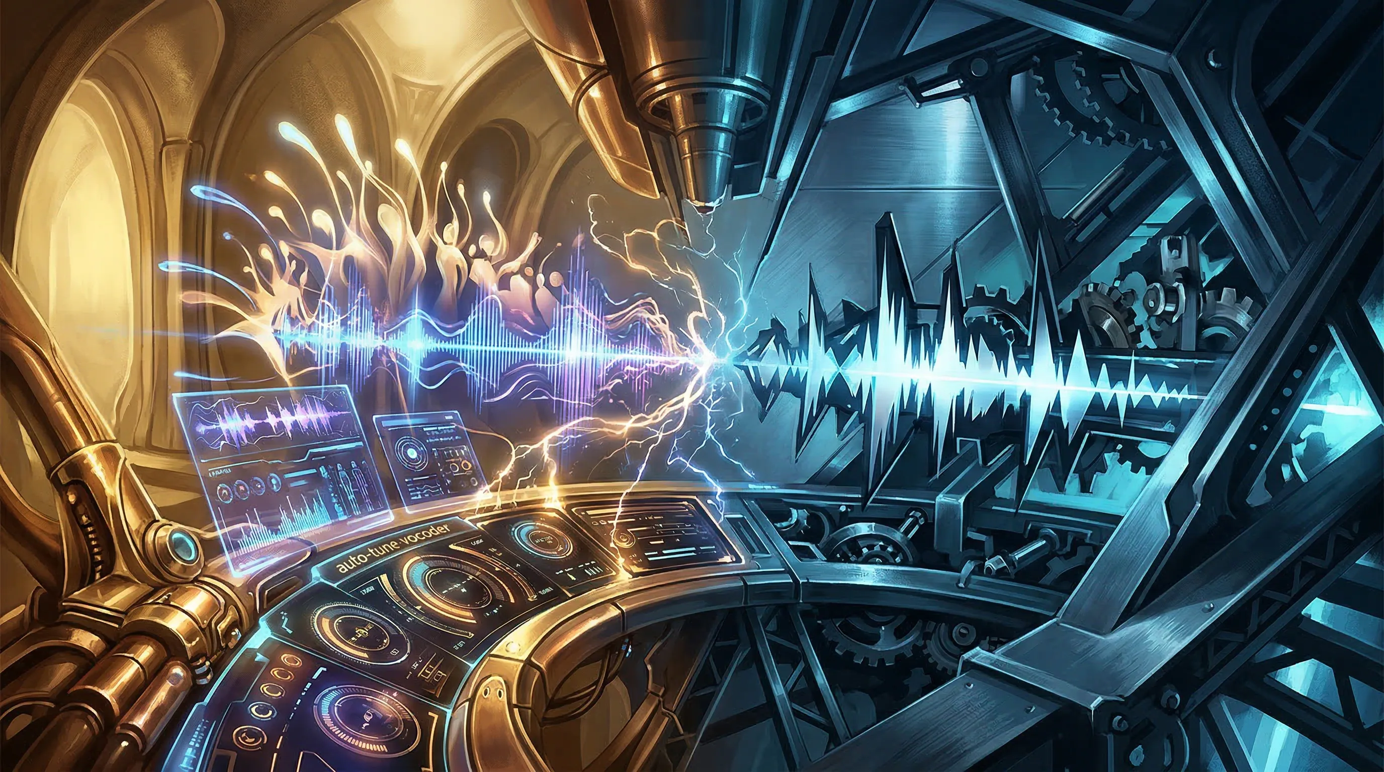 Creative visualization of genre-crossing AI voice cover technology applied to experimental music
