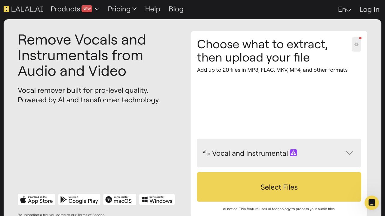 Official LALAL.AI vocal remover upload and stem controls