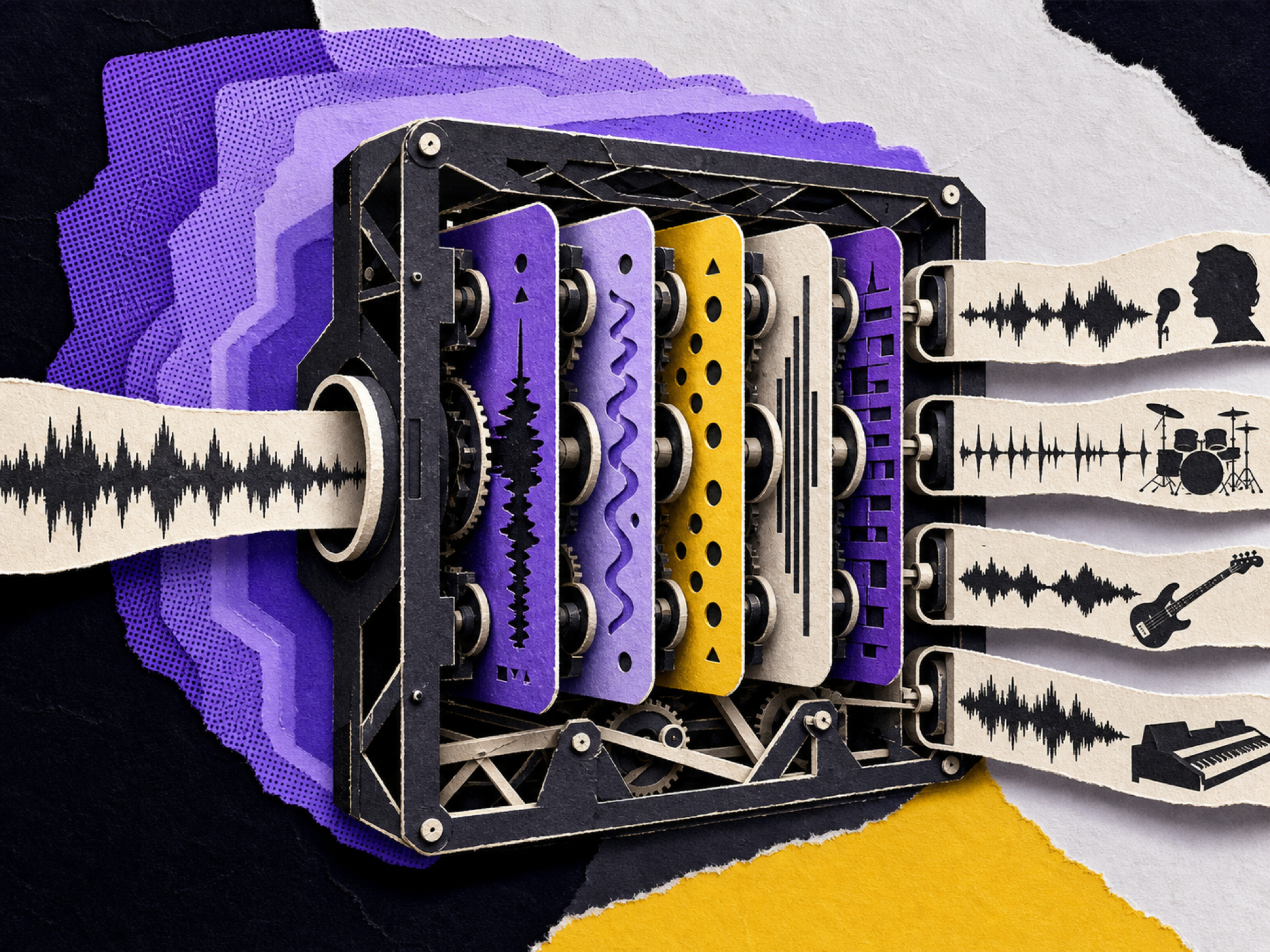 Paper-cut rack separating mixed audio into four stems