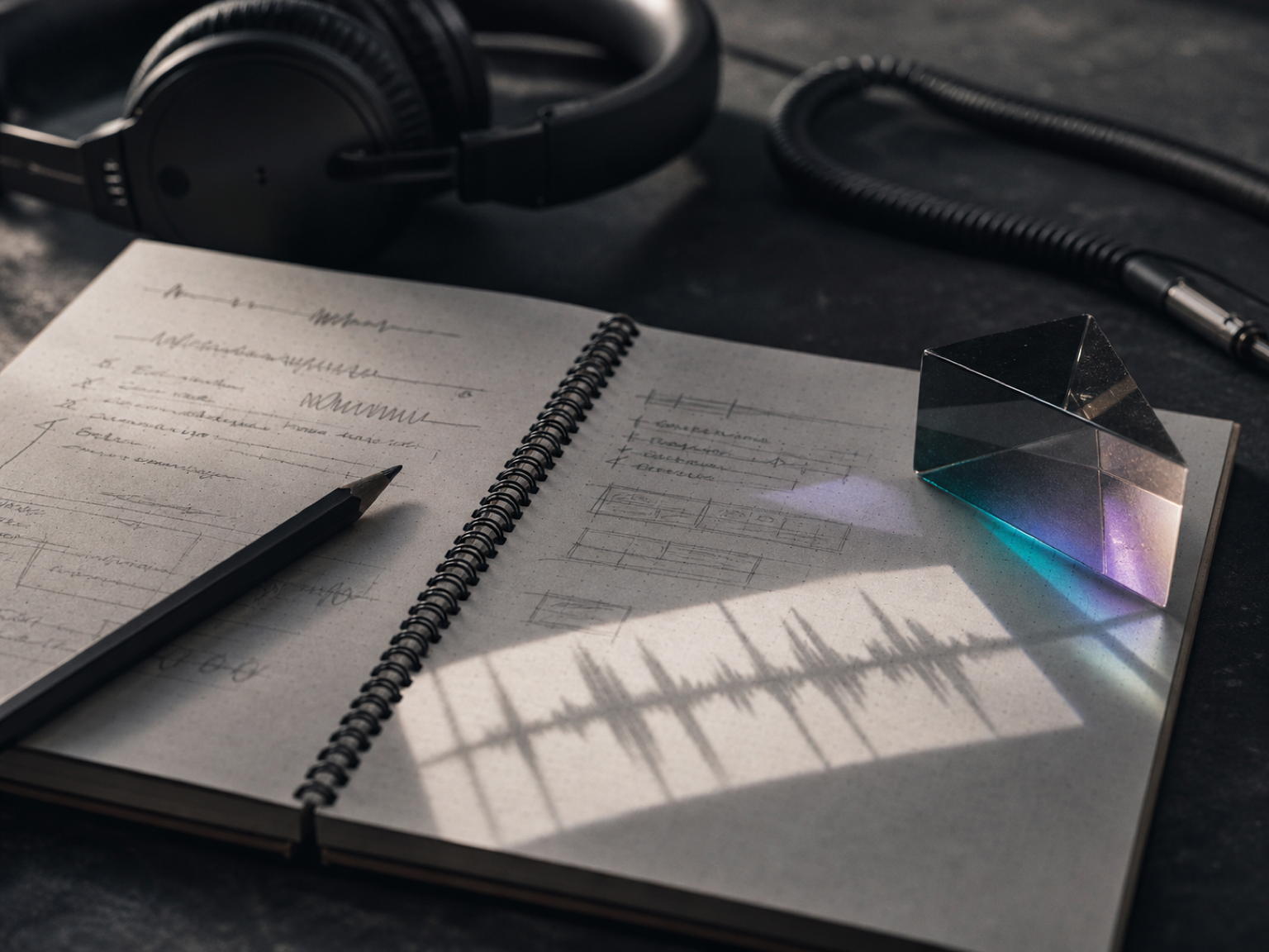 Notizbuch mit Songtext, Bleistift, Kopfhörer und Wellenformschatten als Darstellung des Workflows vom Prompt zum Songtext