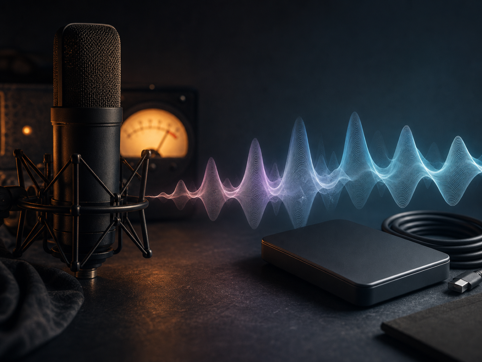 Studiomikrofon, fortlaufende Wellenform und Audiolaufwerk als Darstellung von Gesang, Songverlängerung und Export
