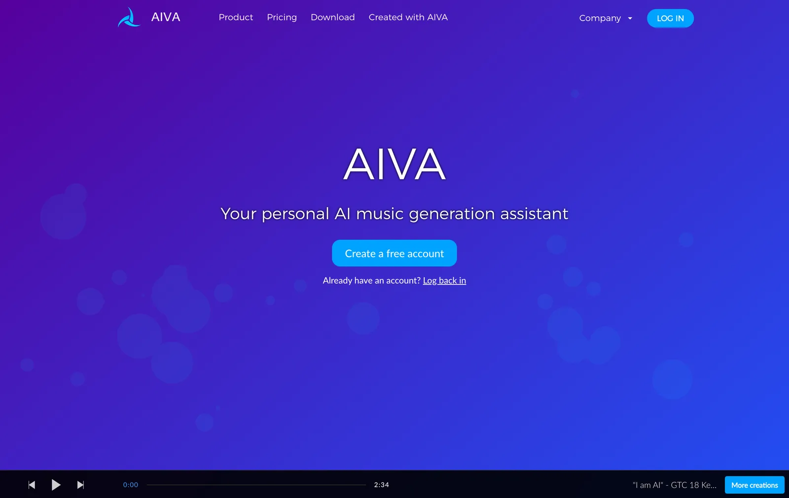AIVA AI music generation assistant homepage screenshot